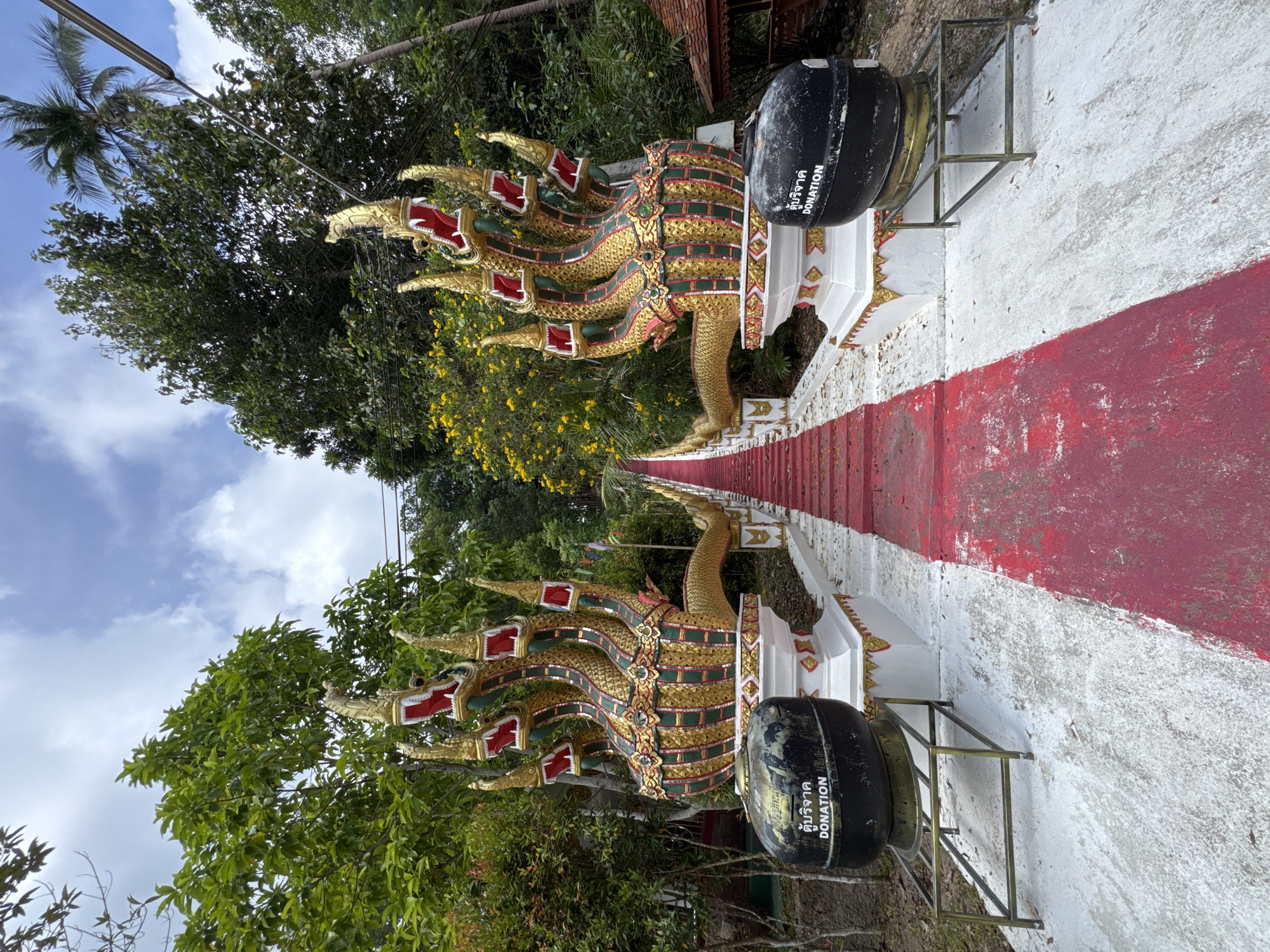 An outdoor, eye-level shot captures a red-carpeted staircase leading upwards between two ornate, mythical dragon-like statues in ตำบลเกาะพะงัน, Thailand. The statues, adorned with gold and green scales, feature multiple hooded heads with open mouths revealing red interiors. Each statue is mounted on a white, tiered pedestal. In front of each statue, a large, black, cylindrical donation box rests on a metal stand. The box on the left has white text that reads "DONATION". The staircase is flanked by concrete pathways and lush green trees and foliage, with a bright blue sky and scattered clouds visible above. The overall scene suggests a temple or sacred site approach.