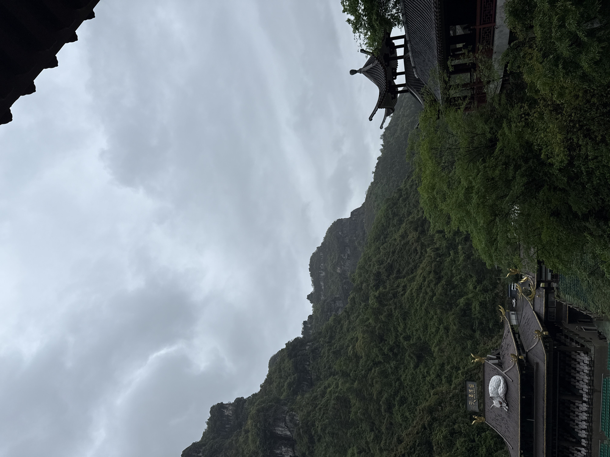 The image shows a view of a mountain and traditional Chinese buildings under a cloudy sky. The mountain is covered in dense green foliage. The buildings feature traditional Chinese architecture, with tiled roofs and ornate details. The scene is likely located in Zhangjiajie, China, known for its unique mountain formations and Chinese cultural elements.