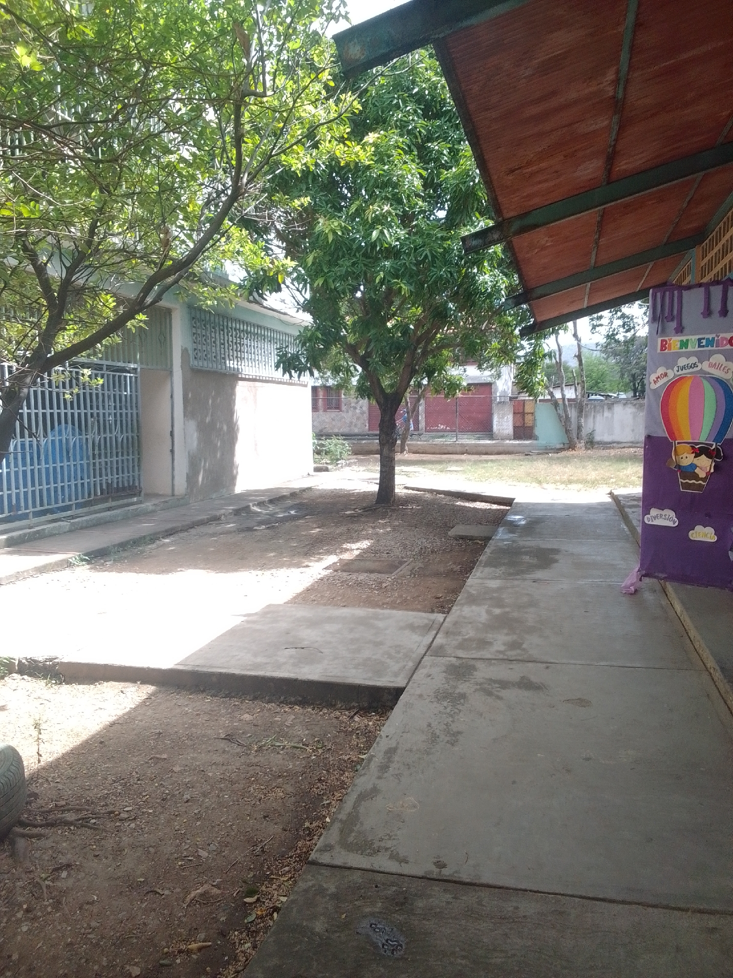 The image depicts an outdoor scene on a sunny day, likely in a schoolyard or similar educational setting, given the "BIENVENIDO" banner visible. The foreground features a concrete walkway leading into the scene, bordered by a dirt and gravel path. To the left, a metal fence encloses a grassy area with a blue structure behind it. A building with white walls and windows with metal bars is situated behind the fence and walkway.
Several trees with green foliage are scattered throughout the scene, providing shade in some areas. One prominent tree stands in the middle ground. Beyond the initial buildings, other structures with red roofs are visible in the distance, suggesting a residential or more spread-out campus environment.
On the right side of the image, a purple banner hangs from a covered walkway with a wooden roof supported by metal beams. The banner features a colorful hot air balloon with two cartoon figures inside, and text that reads "BIENVENIDO," "AMOR," "JUEGOS," and "BAJES." Below this, there are smaller cloud-shaped cutouts with the words "DIVERSION" and "CIENCIA."
The time of day appears to be morning or early afternoon due to the bright sunlight casting strong shadows. The weather seems clear and warm. The overall impression is one of a functional outdoor space, possibly an area for outdoor classes or play, decorated with a welcoming and educational theme. There are no people actively engaged in activities, but the presence of the banner suggests a place for children and learning. The location context of La Tagua, Venezuela, points to a tropical or subtropical climate.