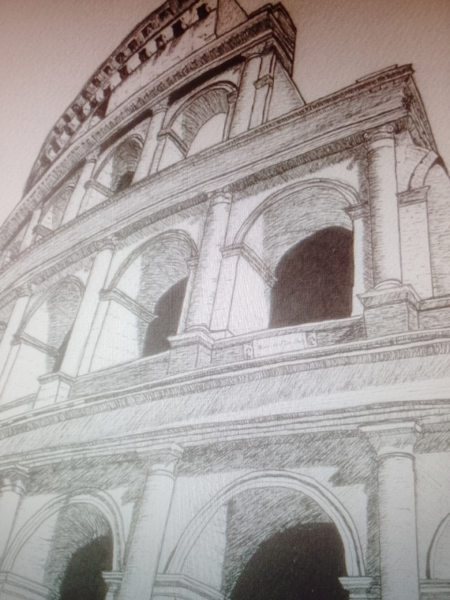 The image is a monochrome drawing of the Colosseum in Rome, Italy. The structure is composed of multiple levels of arches and columns, and the perspective is from a low angle, looking upward at the building. The drawing style is detailed with fine lines. The Colosseum appears weathered, with some parts of the structure seemingly missing or damaged. The openings of the arches reveal dark spaces within the building.