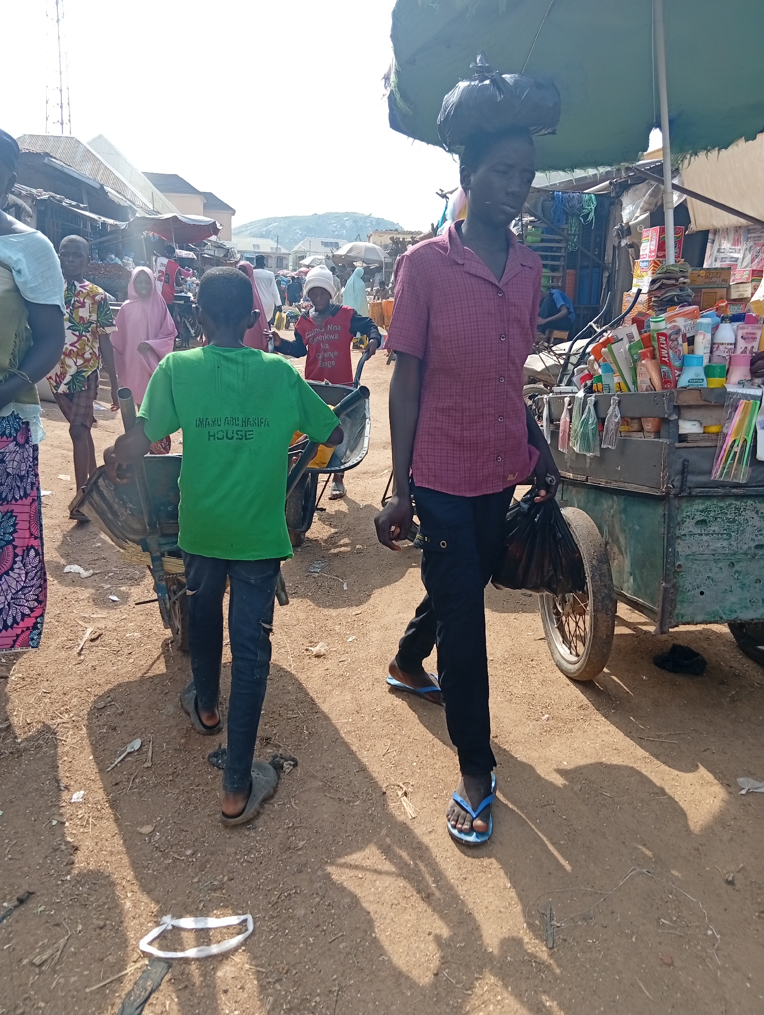 A boy in a green t-shirt with "IMAM ABU HANIFA HOUSE" printed on the back is pushing a wheelbarrow filled with items. He is wearing blue jeans and gray sandals. To his right, a young woman with a dark complexion wearing a reddish-pink checkered shirt and black pants is walking. She is carrying a black plastic bag in her right hand and has a black bundle of what appears to be fabric on her head. She is wearing blue flip-flops. Behind the boy, a cart loaded with various goods, including bottles and packaged items, is visible. The scene appears to be a marketplace in Jalingo, Nigeria, with other people and stalls in the background. The ground is dusty and uneven. The overall lighting suggests it is daytime.