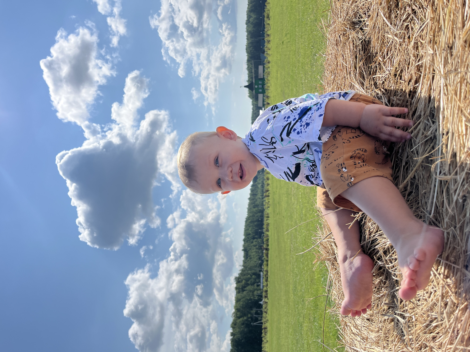 A young Caucasian child, appearing to be a toddler, is seated on a bale of hay outdoors. The child has light-colored hair and blue eyes and is wearing a white t-shirt with blue and black abstract designs and brown shorts with tiger-like patterns. The child is positioned on the right side of the frame, facing left and looking towards the camera with a smile. Their legs and feet are visible, with the feet bare.
The background consists of a vast green field under a bright blue sky with scattered white cumulus clouds. In the distance, a line of green trees borders the field, and a small, dark green building with a pointed roof is visible among the trees. The hay bale is textured and appears dry, with loose strands extending from it. The lighting suggests it is a sunny day.
The specific location is described as the city of Akhlebaikha (Kovriginskii S/S), Russia.