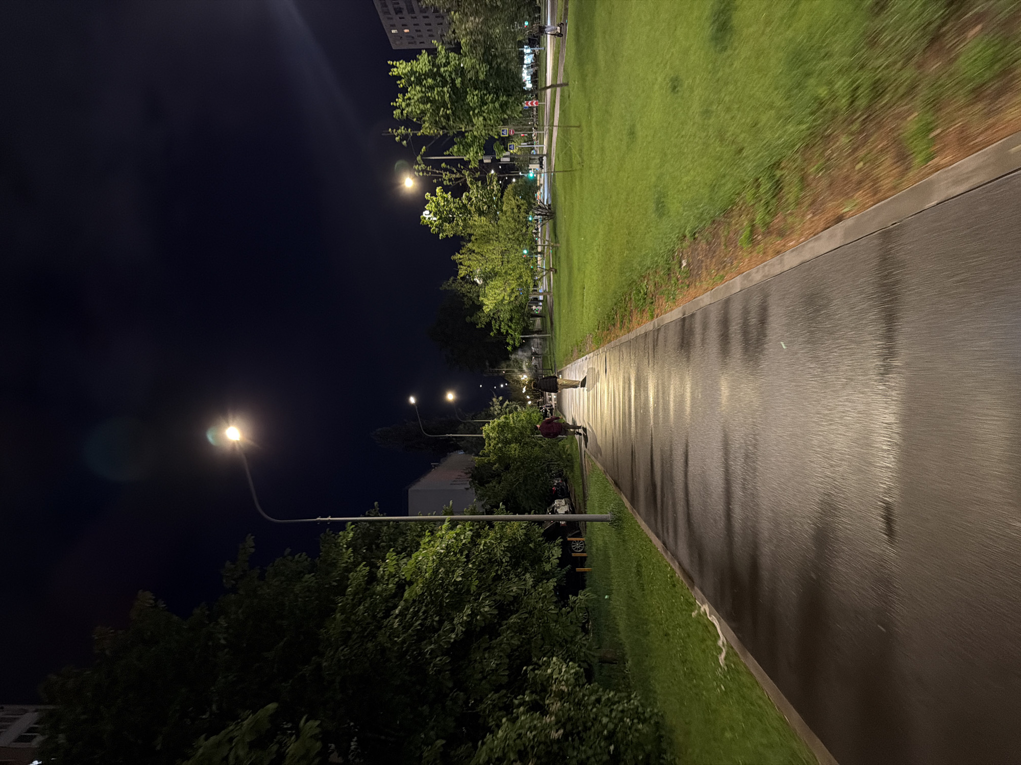 The image shows a nighttime view of a path in what appears to be a park or green space in Moscow, Russia. The path is paved and reflects light, suggesting it may be wet, possibly after a rain. Adjacent to the path is a grassy area. Streetlights illuminate the scene, casting light onto the path and the trees that line it. The left side of the frame is dark, filled with the night sky and some illuminated trees. Several people can be seen along the path, including a couple appearing to be walking together. In the distance, buildings and traffic signals are visible.