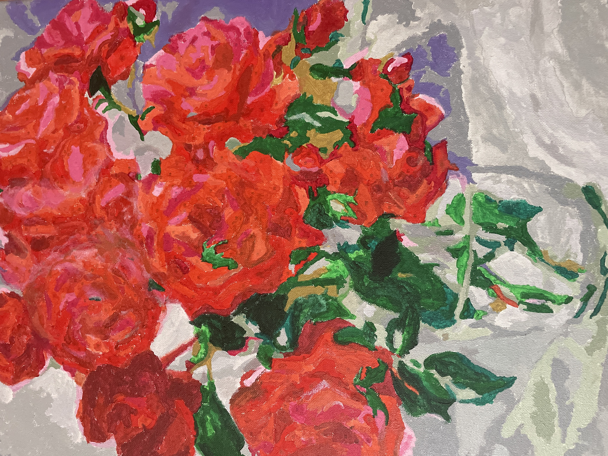 An impressionistic oil painting on canvas depicts a bouquet of vibrant red roses in a clear glass vase. The roses are rendered with bold brushstrokes, showcasing shades of deep red, pink, and orange, with touches of lighter hues highlighting the delicate petals. Dark green leaves and stems provide a contrast to the floral display, adding depth and texture to the composition. The vase is partially visible at the bottom, its transparent form suggested by the surrounding light and shadows. The background is a soft blend of grays, whites, and hints of lavender, creating a gentle, diffused light that emphasizes the richness of the flowers. The painting has a slightly textured finish, characteristic of oil on canvas. There are no people or animals present in the artwork, and the scene does not depict any specific location in Shpykolosy, Ukraine. The painting is a still life focused solely on the floral arrangement.