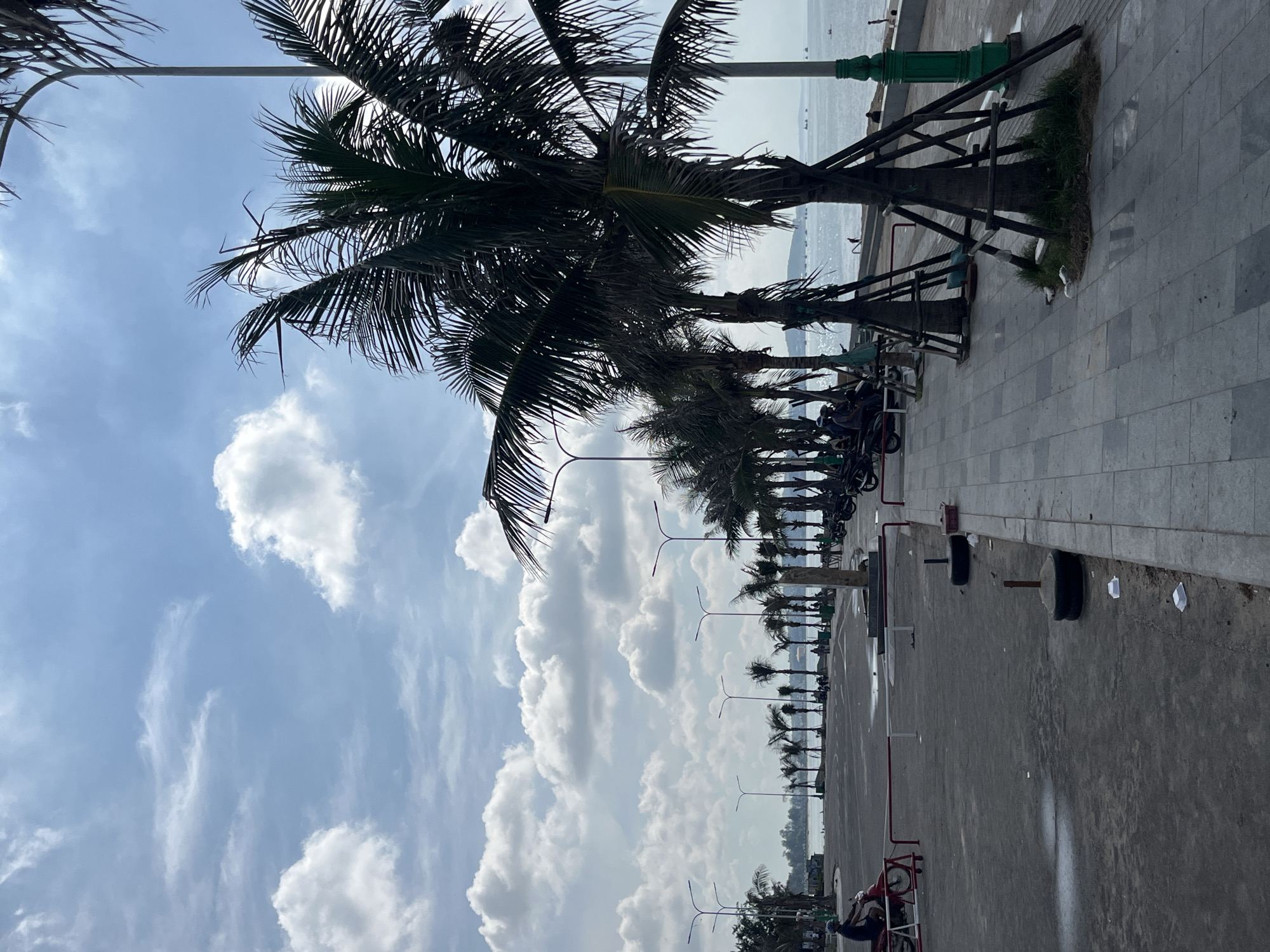 The image depicts a coastal promenade in Phan Thiết, Vietnam. In the foreground, a paved walkway lined with palm trees stretches along the sea. The palm trees are supported by wooden scaffolding. Beyond the walkway, a wide, grey, asphalted area is visible, with red and white barriers and some discarded tires. A person on a red motorcycle is seen on the left side of the asphalted area. In the mid-ground, several people are walking and standing near a row of parked motorcycles. The background shows a calm sea with a distant coastline and several boats. The sky is blue with scattered white clouds. The scene captures a typical day at a seaside location.