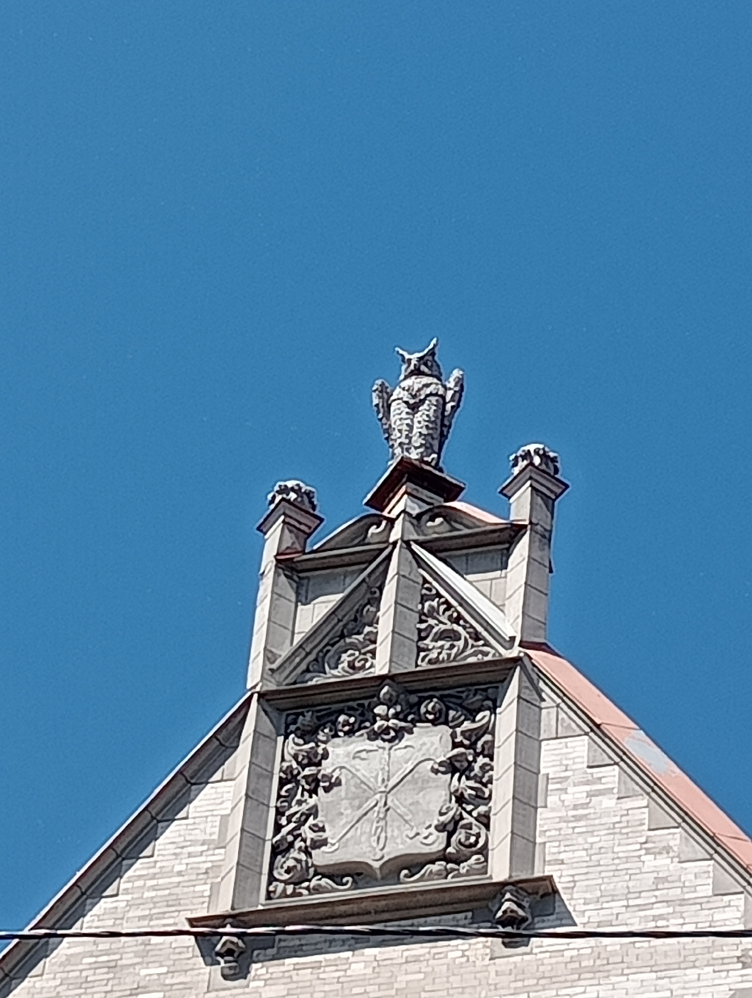 The image shows the upper facade of a building, likely in Saint Petersburg, Russia. The sky is a clear, vibrant blue, suggesting a sunny day with good weather. The architecture is ornate and detailed, featuring light-colored brickwork and stone carvings.
The most prominent subject is a stone sculpture of an owl perched atop a gable. The owl is depicted in a stiff, upright pose with its wings slightly spread. Below the owl, there is a large, decorative stone shield or crest, intricately framed with floral and leafy motifs. The architectural elements include pointed spires on either side of the central gable, each topped with smaller, rough-textured stone ornaments that resemble gargoyles or decorative finials. The building's roofline is visible in the background, with a reddish-orange tiled surface.
The composition focuses on the architectural details of the building's roof and upper sections, emphasizing the craftsmanship and decorative elements. The image is taken from a low angle, looking upwards towards the sky. There are no people or any specific activity depicted, as the focus is solely on the building's exterior ornamentation. The scene appears to be a quiet, daytime view, highlighting the historical and artistic character of the structure. No visible text is present in the image.