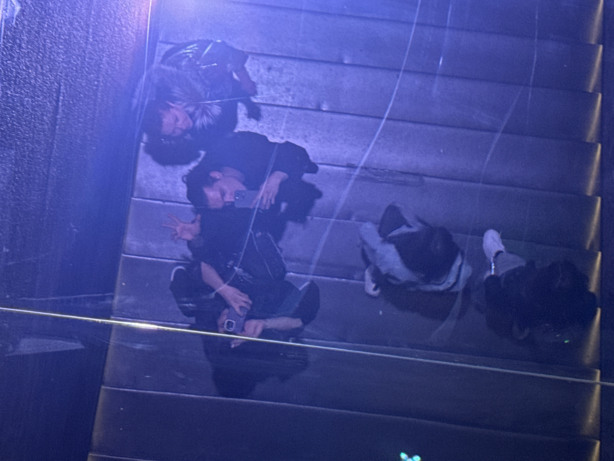 An overhead shot captures several individuals on tiered steps or bleachers within what appears to be a dimly lit indoor venue, such as a concert hall or arena, in Sofia, Bulgaria. The scene is illuminated by a strong blue and purple artificial light, suggesting nighttime.
In the upper-left, a person with dark hair, wearing a dark jacket with a fur-lined hood, is visible. Below them, another individual in dark attire is actively holding a smartphone near their face, seemingly taking a selfie or recording. This person's left hand is raised, making a peace sign. A distinct reflection of this person and the steps is visible on the glossy surface directly beneath them, possibly a glass barrier or reflective flooring.
Further to the right and lower in the frame, two additional people are partially visible. One individual wears a lighter-colored top, while another with dark hair is seen with white shoes. The image is crossed by several thin, bright lines, which could be reflections from glass panels or distinct light beams. There is no visible text in the image. The subjects appear to be attending an event and capturing the moment.
