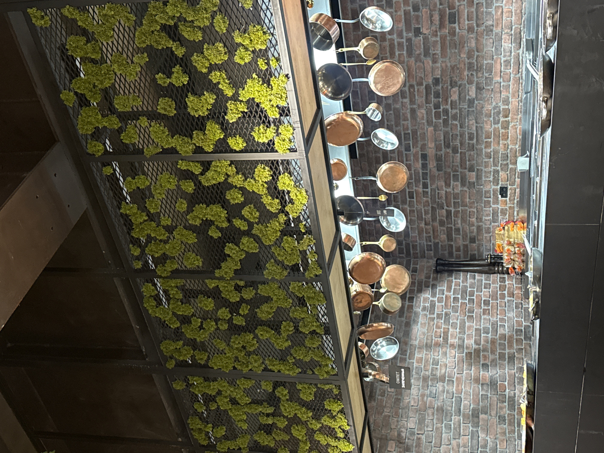 In an indoor setting, possibly a restaurant kitchen, a brick wall serves as a backdrop. Above the wall, a metal grate structure is decorated with clusters of vibrant green moss-like material. Hanging from a shelf beneath the grate are numerous copper and silver pots and pans of various sizes. A small sign is visible on the brick wall, reading "ОМЛЕТ ЗАПЕЧЕННЫЙ" (Baked Omelet). In the foreground, a dark countertop displays several pans containing food. The overall scene suggests a culinary environment with a decorative touch. The location is identified as Yalta, Ukraine.