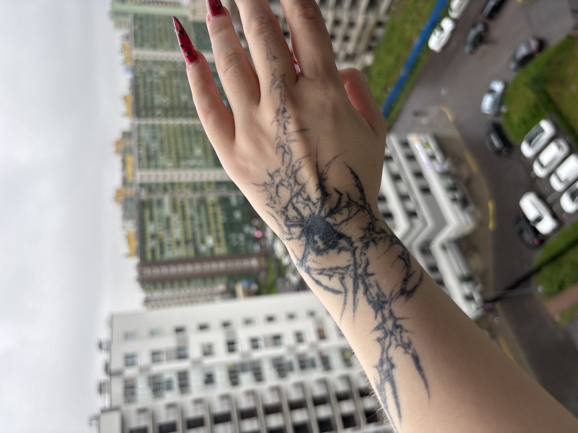 A person's left hand and forearm are prominently displayed, adorned with a detailed, dark tattoo that appears to be a spider web with a spider in the center, extending down the arm. The person has long, sharp, red nails, each decorated with small black dots. The hand is positioned as if reaching out or gesturing.
The background is blurred, suggesting an outdoor setting with tall buildings. Some of the buildings have a greenish hue, possibly due to lighting or architectural elements. Below the buildings, a street with several cars can be seen, also out of focus. The overall lighting suggests it might be daytime, with an overcast sky contributing to the diffused light. The weather appears to be cloudy or hazy. The perspective is from a high vantage point, looking down and outwards. There is no visible text in the image.