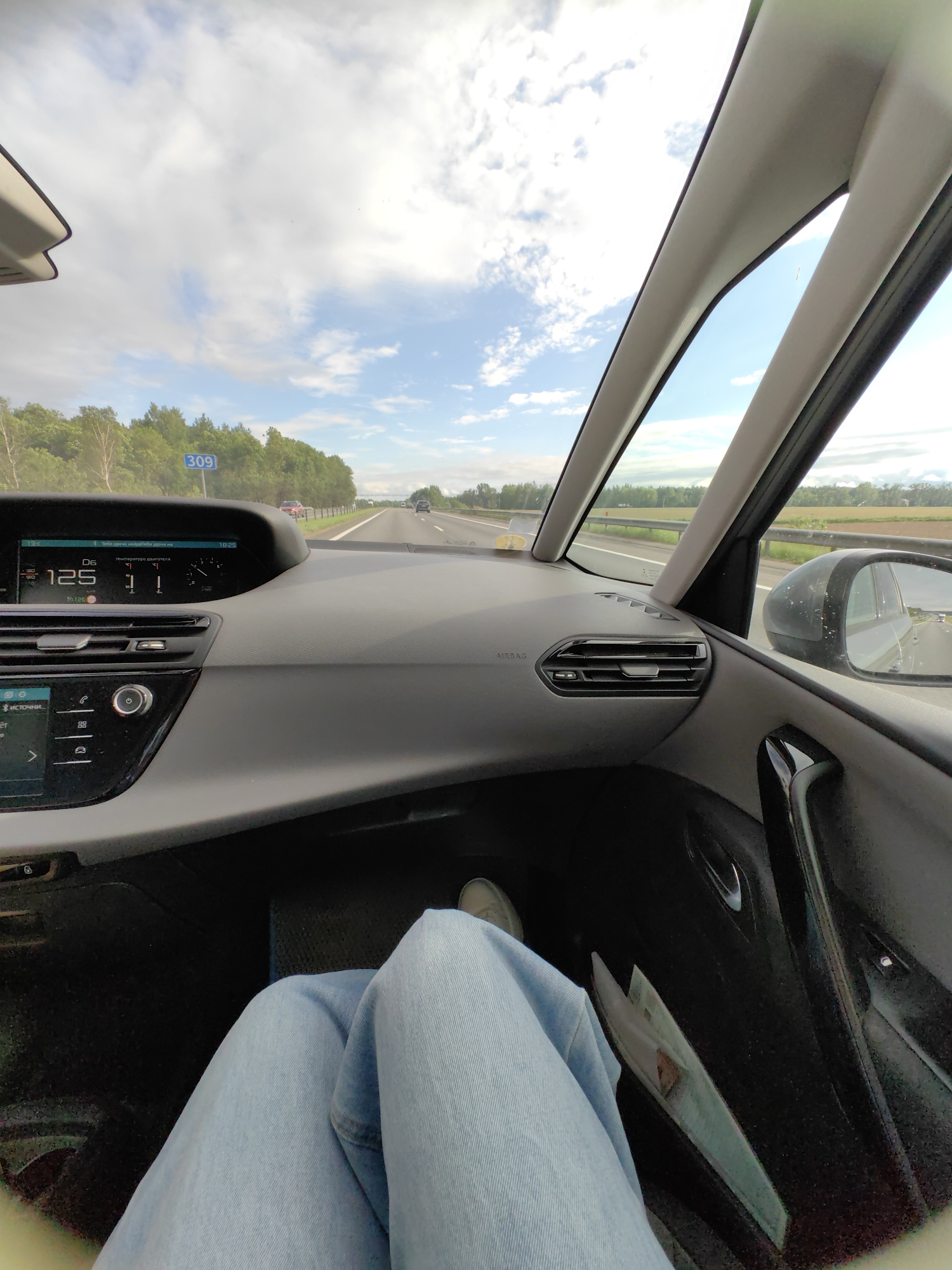 The image captures a detailed interior view from the passenger seat of a vehicle, likely a Citroën C4 Picasso, traveling on a multi-lane highway in Негарэльскі сельскі Савет, Belarus. The lower right foreground shows the legs of a passenger, clad in light blue jeans, resting.
The vehicle's dark grey dashboard is prominent, featuring a digital instrument cluster on the left displaying "125" (indicating 125 km/h), the time as "19:29", "D6" (likely indicating 6th gear in drive mode), and Russian text including "Температура двигателя" (engine temperature). Air vents are visible on the passenger side dashboard, below an "AIRBAG" label. The right A-pillar and part of the B-pillar frame the front and side windows. The right side mirror reflects the highway receding behind the vehicle. A storage pocket on the right passenger door contains papers.
Outside the vehicle, the highway extends into the distance under a partly cloudy sky with discernible blue patches. Dense green deciduous and coniferous trees line both sides of the road. A blue rectangular road sign with the white numeral "309" is visible above the treeline on the left side, indicating a kilometer marker on the M1/E30 highway. A metal guardrail runs parallel to the road. Several other vehicles are observed traveling on the highway in the distance. The landscape beyond the immediate treeline on the right shows open, possibly agricultural, fields. The overall scene depicts travel on a highway during early evening.