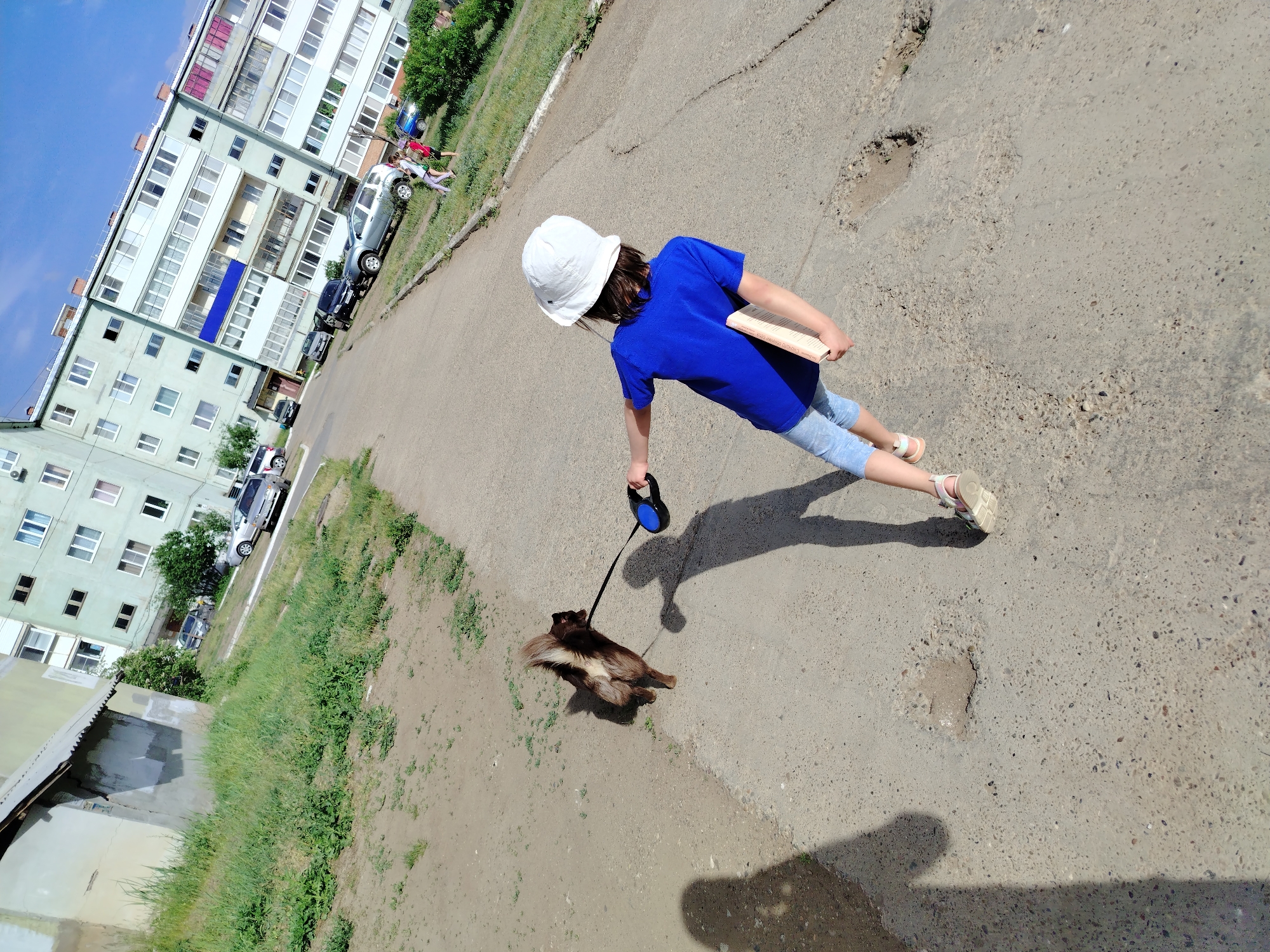 A young person with short dark hair, wearing a white bucket hat, a blue t-shirt, and light blue leggings, is walking a dark-colored, small dog on a black leash with a blue handle. The person is also holding a book or a similar rectangular object under their left arm. They are walking on a concrete surface, likely a sidewalk or a road, which shows signs of wear and has some patches. The setting appears to be urban, as there are multiple apartment buildings visible in the background, along with parked cars. Grass and some shrubbery line the edges of the concrete walkway. The sky is a clear, light blue. The photo captures a moment of everyday life, showing someone walking their dog in an urban environment in Noviy, Russia.