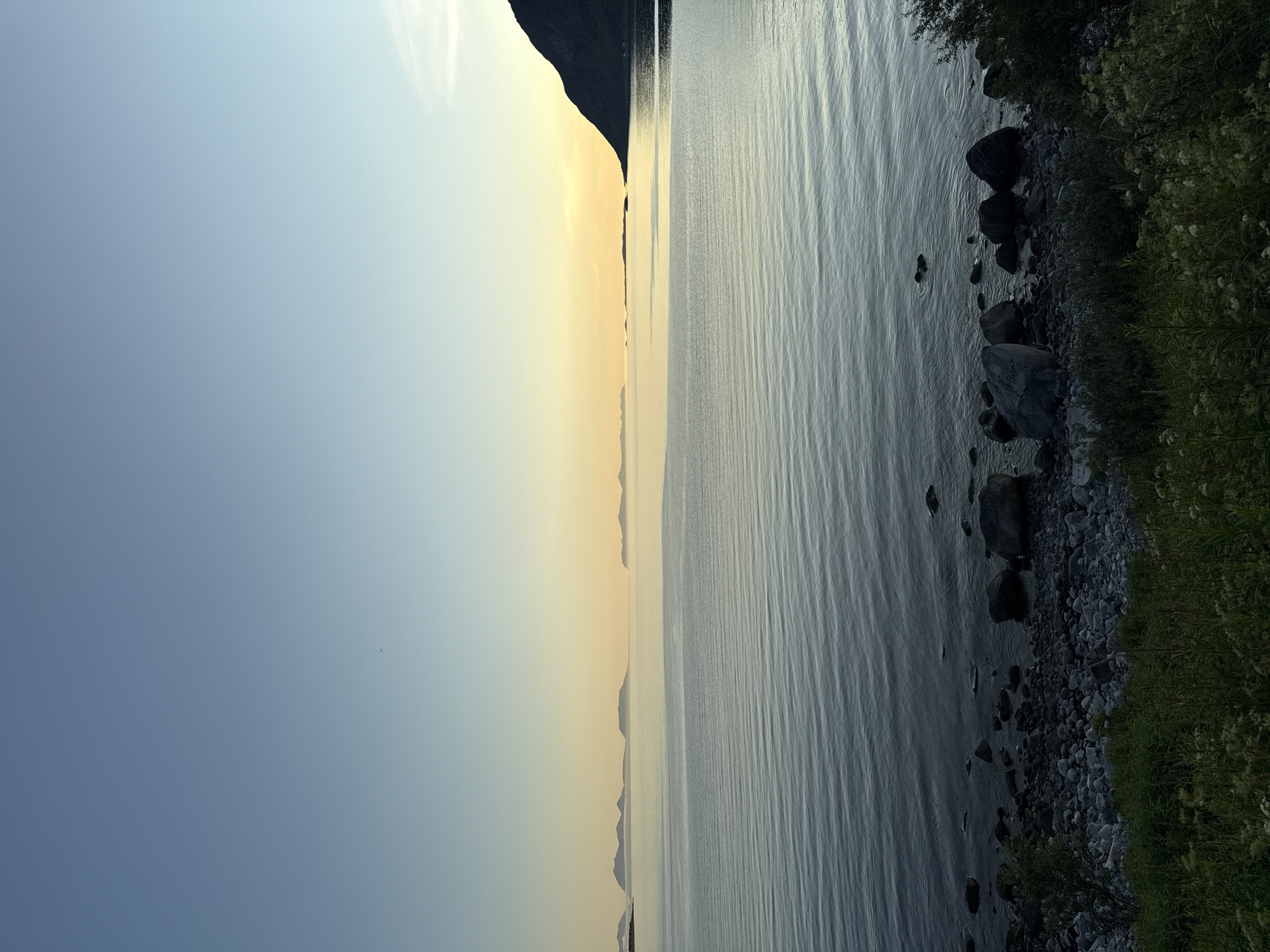 This is an image of a serene seascape, likely taken at dusk or dawn, with a clear sky fading from a light blue at the top to a soft yellow-orange near the horizon. The calm ocean stretches out, reflecting the sky's colors with gentle, horizontal ripples across its surface. In the distance, a series of islands or landmasses are silhouetted against the horizon, with one prominent, dark mountain peak on the right side of the frame. The foreground features a rocky shoreline with various sized stones and pebbles. Lush green vegetation, including grasses and some flowering plants, grows along the edge of the shore and spills into the lower portion of the image. The overall impression is one of natural tranquility and vastness. The image does not contain any people, discernible actions, or interactions. The scene is a natural landscape likely found in a coastal area, and while the location is stated to be Harstad, Norway, there are no specific landmarks or features within the image that definitively confirm this without external information.