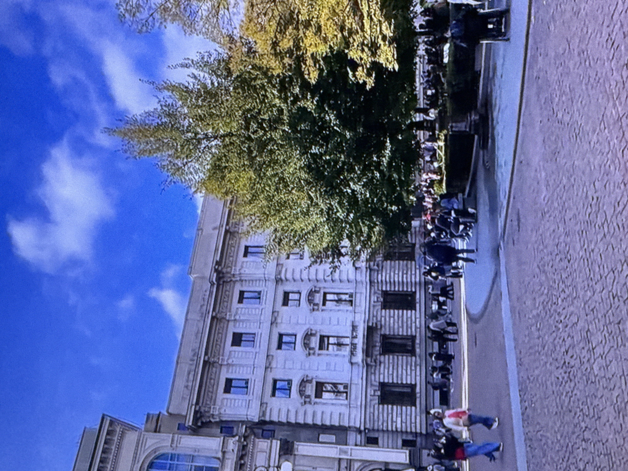 The image depicts a wide shot of a public square with a large, ornate building in the background. The building is light-colored and features multiple floors with numerous windows and decorative architectural elements. In front of the building, a large, leafy green tree dominates the center of the frame, with a portion of another tree with yellowing leaves visible to its right. Several people are scattered throughout the square, some walking and others sitting on benches or in what appears to be a park-like area. The ground is paved with cobblestones. The sky is a bright blue with scattered white clouds. The scene appears to be in an urban setting, possibly a European city, given the architectural style of the building and the presence of mature trees.