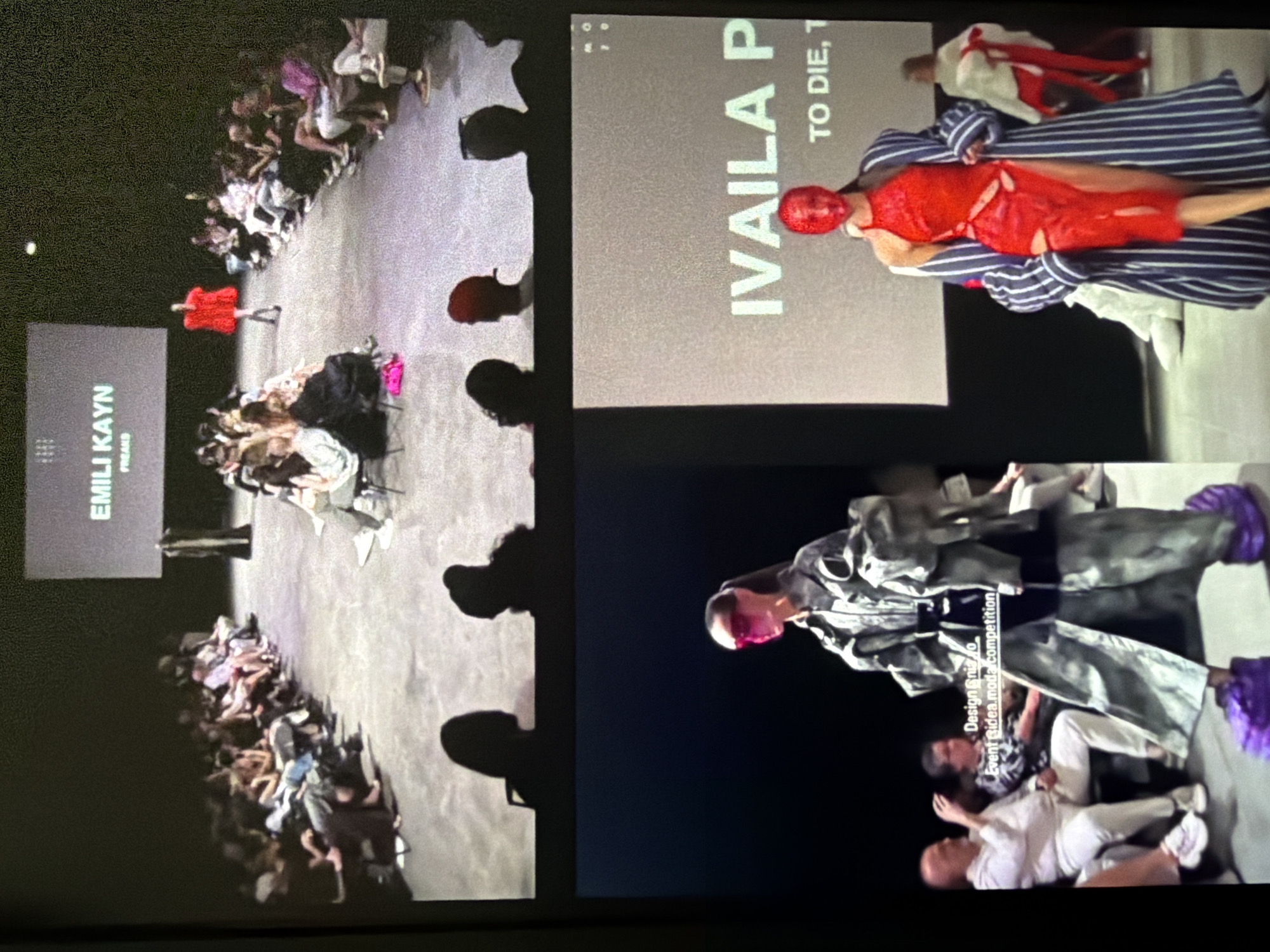 The image depicts two scenes from what appears to be a fashion event. The top portion shows a runway with an audience seated on either side. A model in a red, voluminous dress walks down the runway, and a large screen behind her displays the text "EMILI KAYN FREAKS". The bottom portion of the image features two models on a runway. The model in the foreground wears a striking red outfit with cutouts and a long, striped coat, and her face is covered with a red mask. Behind her, another model in white and red attire is visible. Text on a screen in the background reads "IVAILA P TO DIE, T". The location is not specified within the image, and therefore, its presence in Sofia, Bulgaria cannot be determined from the visual information provided.