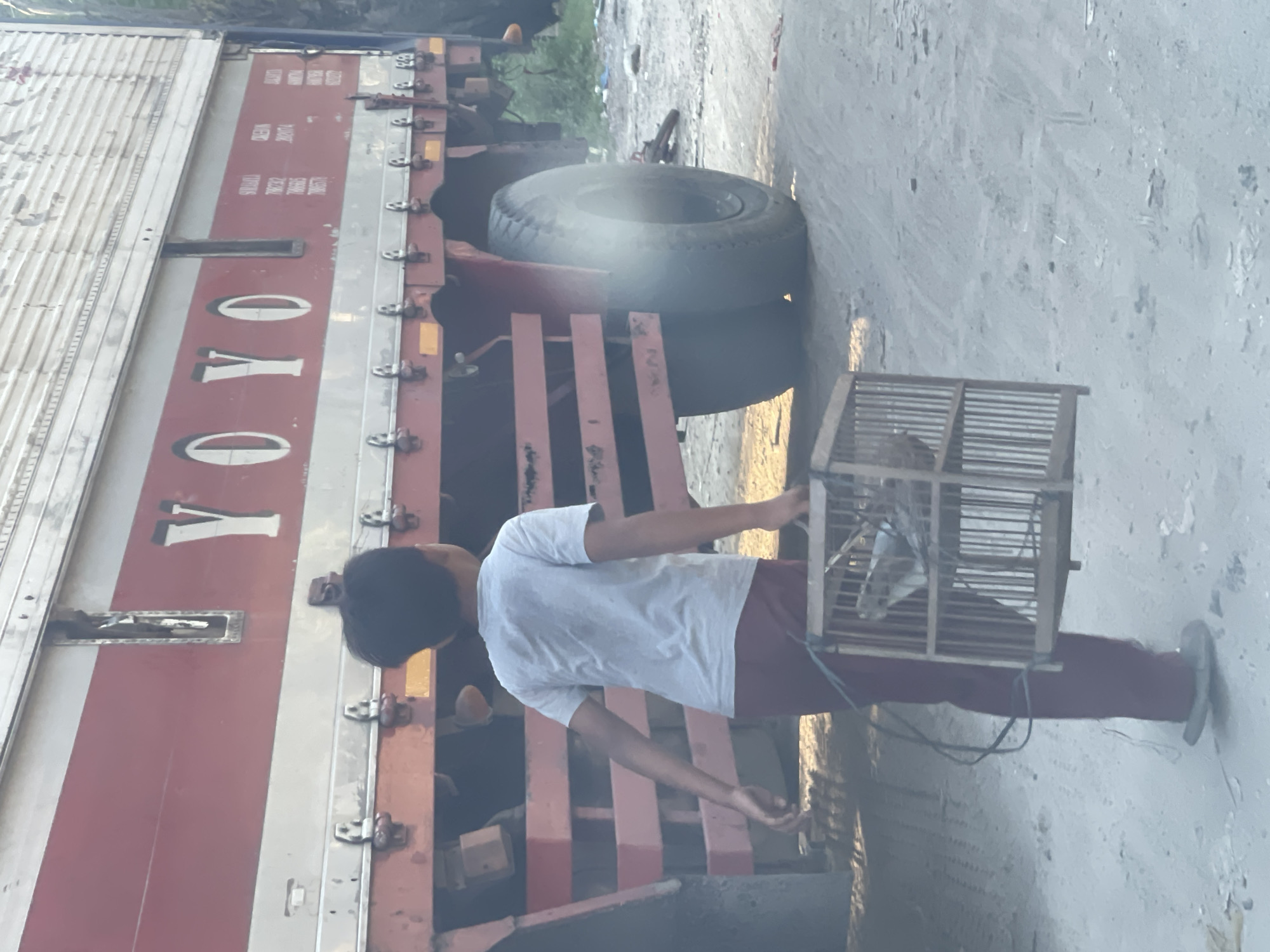 A young boy, seen from the rear, walks with a wooden birdcage in his right hand. He is wearing a light grey t-shirt and maroon pants. The birdcage appears to contain at least one bird. Behind the boy is the side of a large truck with the word "YOYO" painted in large white letters on a red stripe. The truck has a white corrugated metal body. The ground is sandy and uneven, with some scattered debris. The scene appears to be outdoors, possibly on the side of a road. The presence of the truck and the sandy terrain suggests an industrial or semi-rural area within the city of North Jakarta, Indonesia.