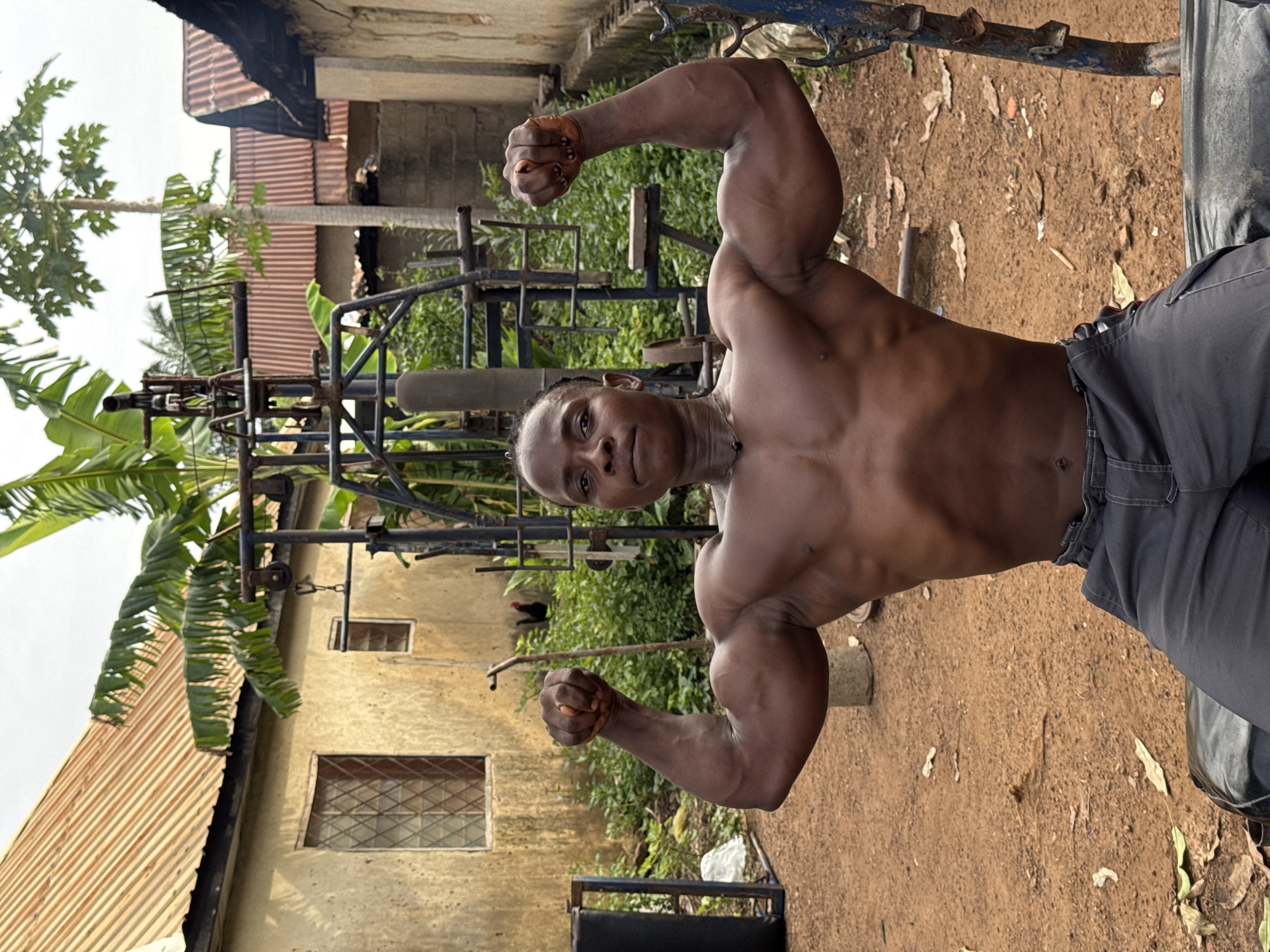 In the city of Akwanga, Nigeria, a young Black man is depicted flexing his biceps in an outdoor setting. He is shirtless, showcasing his muscular physique, and wearing dark gray pants. He is seated on an unseen surface in front of what appears to be a homemade weightlifting apparatus. The background reveals the weathered facade of a building with a corrugated metal roof, and abundant green foliage, including banana trees and a tall papaya tree. The ground is a reddish-brown dirt, scattered with fallen leaves and debris. The scene suggests a humble, outdoor gym environment.