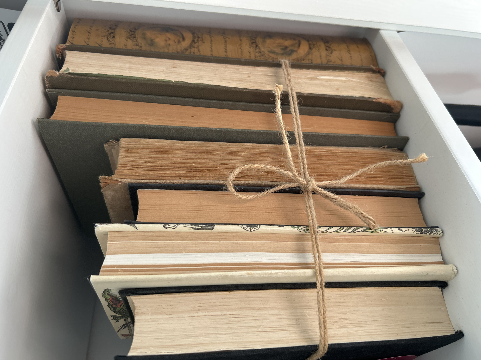 This media file is a close-up, eye-level shot of a stack of books in a white shelf. The books are tied together with twine. The top book has a yellowish cover with a portrait and some text, but the text is illegible. The books are of various sizes and colors, with some having worn, tan pages and others having darker bindings. The twine is wrapped around the middle of the stack and tied in a bow. The overall scene is one of organized clutter, suggesting a library or study. The lighting is bright and even, with no shadows, indicating artificial light or a very overcast day. The image is sharp and clear, allowing for detailed observation of the textures and patterns of the book bindings and pages. The context is domestic or academic, with the books likely being a collection of old or valued items.
