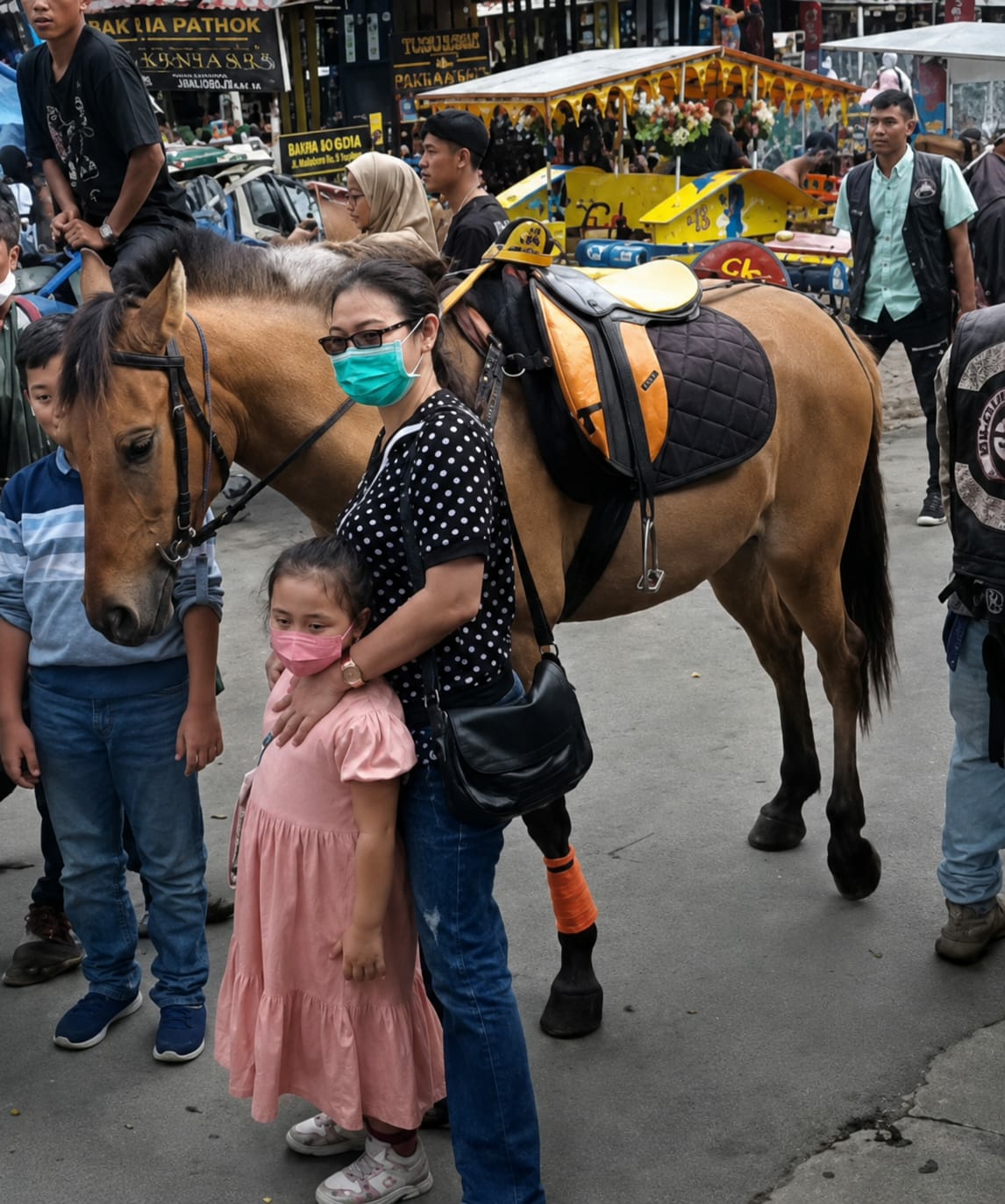 The image depicts a bustling street scene in Berastagi, Indonesia, likely during daytime given the bright illumination. In the foreground, a brown horse is the central focus, equipped with a saddle and bridle. A woman wearing a black and white polka dot shirt and blue jeans stands next to the horse, her face partially obscured by a turquoise face mask. She has her left arm around a young girl dressed in a pink dress. The girl is also wearing a pink face mask and is looking downwards.
To the left of the horse, a boy in a blue and white striped shirt and blue jeans is visible, his gaze directed towards the horse. Behind the horse and the main subjects, a crowd of people and various objects populate the background. Signs with Indonesian text are present on buildings, indicating a commercial area. Yellow and red structures, possibly stalls or small vehicles, line the street. Several individuals are walking and interacting in the background, some wearing masks. The overall impression is one of a lively, public space with a mix of traditional and modern elements.