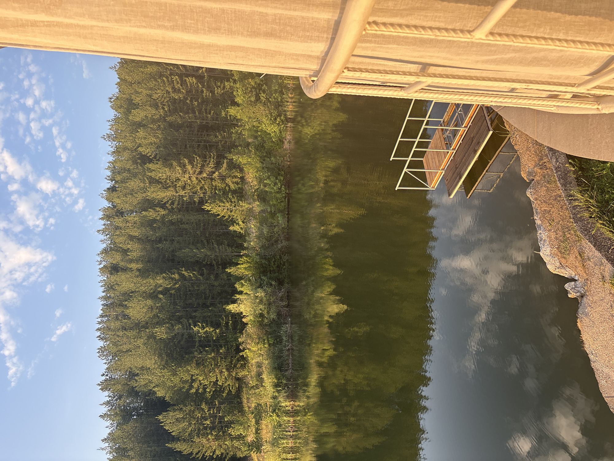 The image depicts a tranquil lake scene in Skalsko, Bulgaria, with a dense pine forest lining the opposite shore. The water perfectly reflects the trees and the blue sky dotted with white clouds. In the foreground, a small wooden dock with white railings extends into the lake. To the right, a section of a light-colored, translucent curtain and a white metal railing are visible, suggesting a structure adjacent to the water's edge. The lighting indicates it is either early morning or late afternoon, with the sun casting a warm glow on the scene. There are no people present in the image.