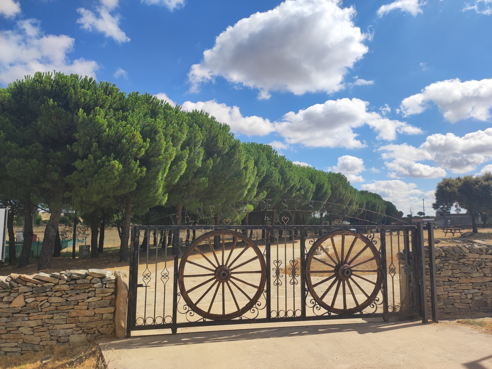 The image depicts an outdoor scene in Sobradillo, Spain, under a partly cloudy blue sky. In the foreground, a rustic metal gate with decorative scrollwork and two prominent wooden wagon wheels is visible. The gate is flanked by a low, rough-hewn stone wall on the left and appears to lead into an area with trees. Behind the gate, a line of tall, dense pine trees forms a natural barrier, with more trees and a dry, grassy landscape visible in the background. The overall impression is of an entrance to a rural or recreational area.