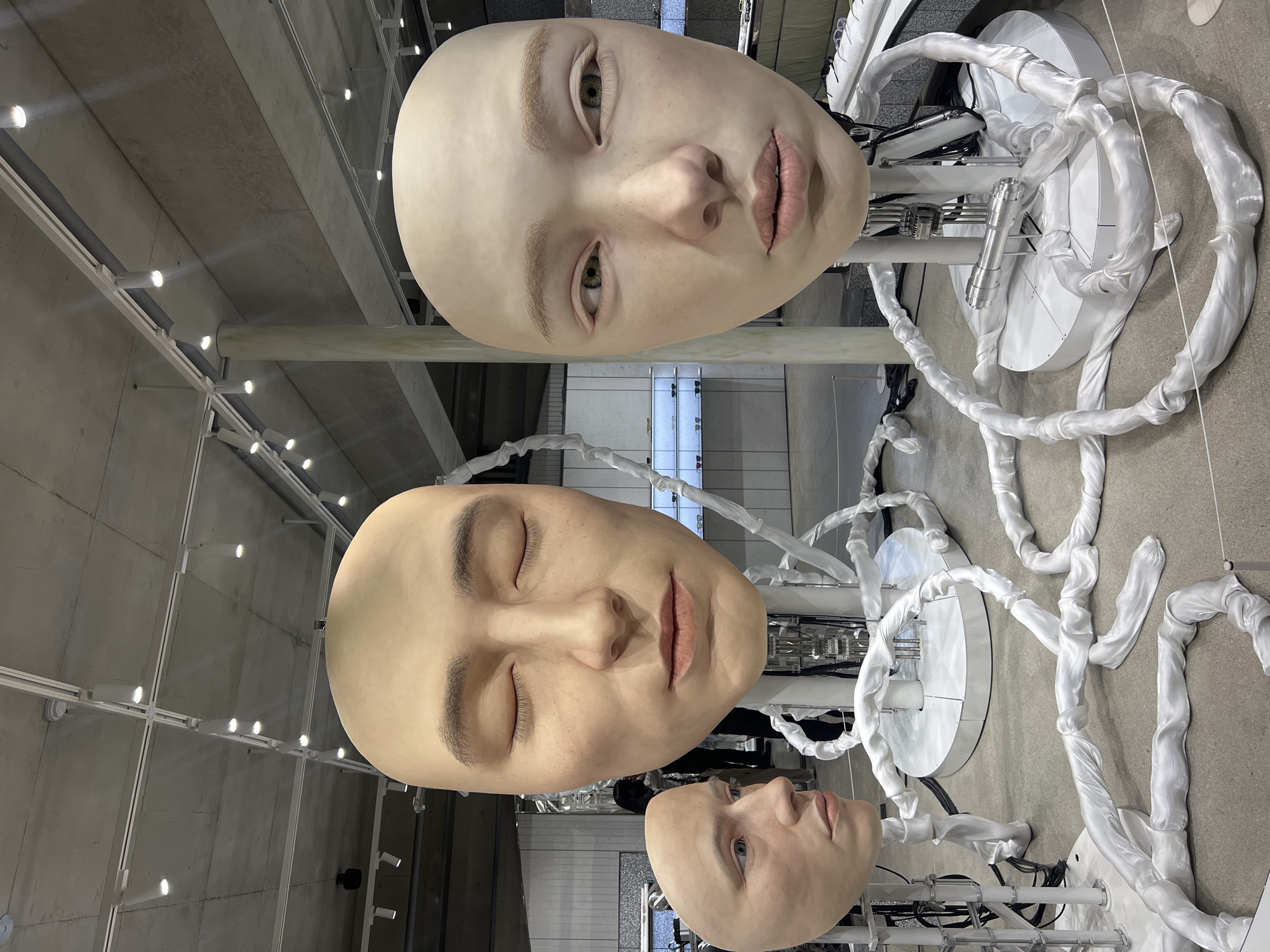 The image shows a display of three large, pale, human-like faces suspended from the ceiling. The topmost face has open eyes, the middle face has closed eyes, and the bottom face is angled with open eyes. The faces are mounted on metal stands with white, fabric-covered tubing resembling veins or tentacles. The setting appears to be an interior space with a concrete floor and ceiling. The location is the Gentle Monster flagship store in Seoul, South Korea, which is known for its unusual art installations. People are visible in the background. The lighting is bright and focused on the installations.