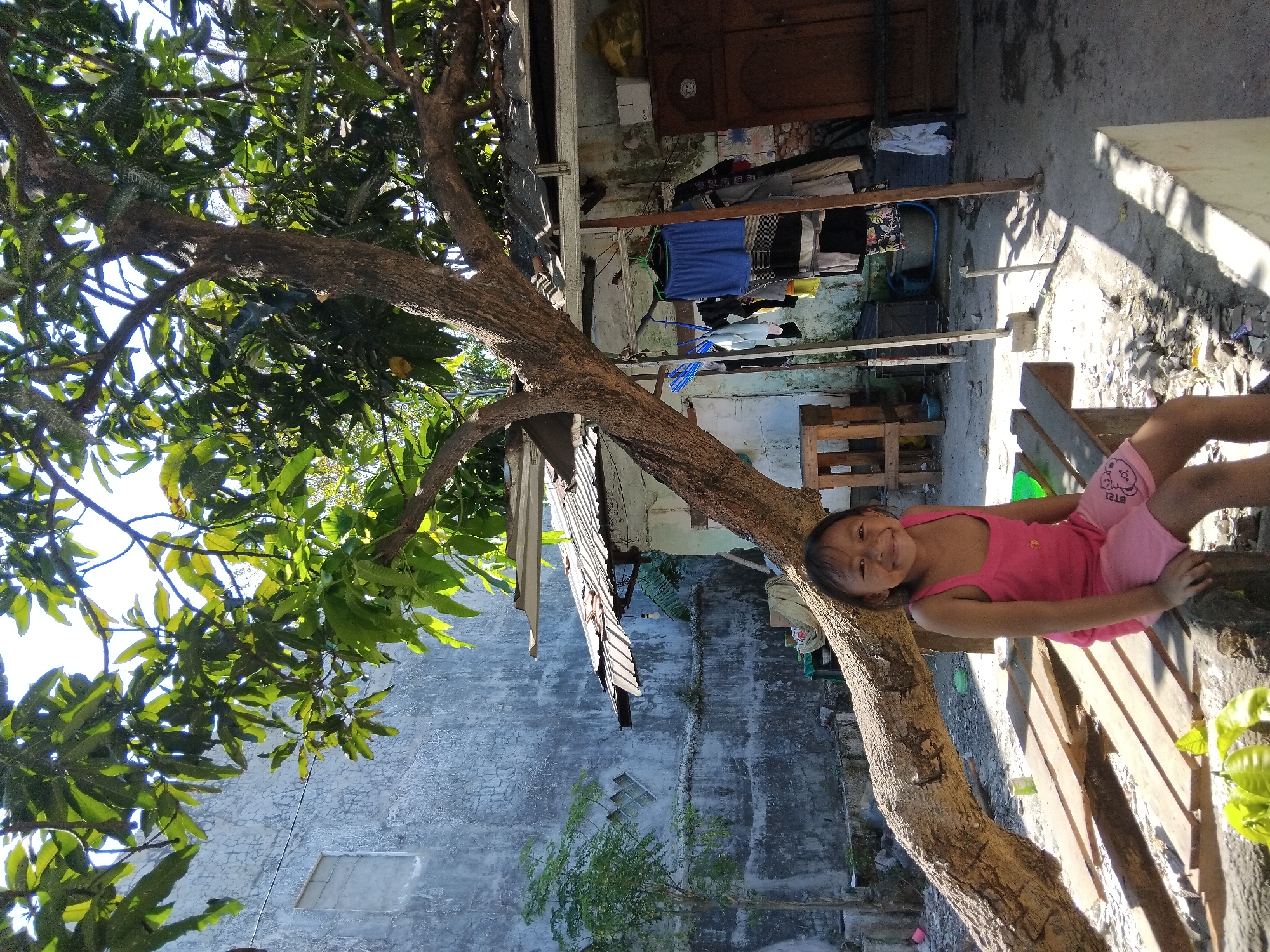 A young girl with dark hair and a wide smile sits on a wooden structure outdoors in Berbek, Indonesia. She wears a pink tank top and pink shorts with a cartoon character printed on them. She is positioned to the right of a large, fallen tree trunk that dominates the foreground, its branches reaching up and over the scene. Behind her, a rustic, makeshift structure with a corrugated metal roof is visible, with clothes hanging on a rack to the left of it. The background consists of a textured, gray concrete wall and a smaller tree with green leaves. Sunlight streams through the leaves of the large tree, casting dappled shadows on the ground.