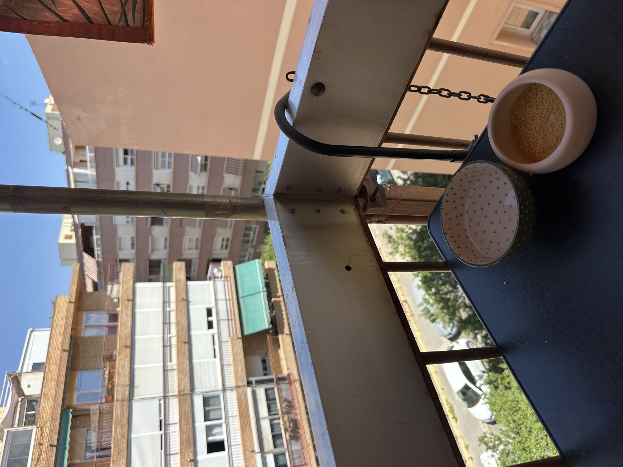 A close-up shot is taken from a balcony, looking outwards over several apartment buildings. In the foreground, on a dark table, are two bowls. One bowl is larger, white with a green dotted pattern. The other is smaller, a tan ceramic bowl filled with small yellow pellets. A metal chain hangs from a hook above the bowls, attached to the balcony railing. In the background, the facades of several buildings are visible, some with balconies and awnings. A street with two cars and trees is visible below the balcony. The sky is clear and blue.