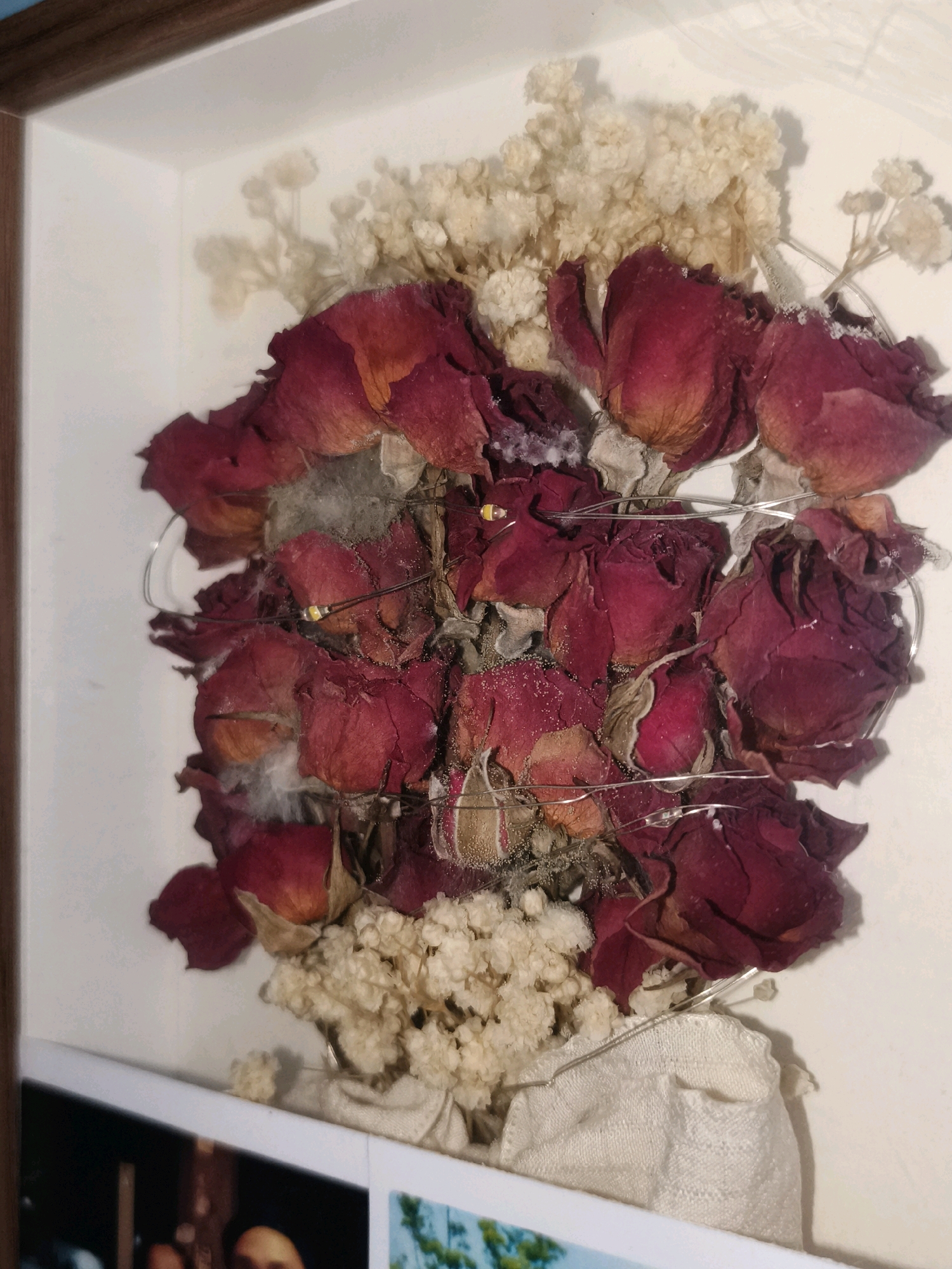 The image shows a framed arrangement of dried red roses interspersed with small white flowers, possibly baby's breath. Thin, silver LED string lights are woven throughout the bouquet. The flowers appear to be preserved and are presented against a white backing within a wooden frame. The bottom of the image reveals a portion of what appears to be a photograph or artwork below the flower arrangement. The scene is a still life arrangement, and there is no indication of a specific location in Caloocan, Philippines, or any environmental context that would place it there.