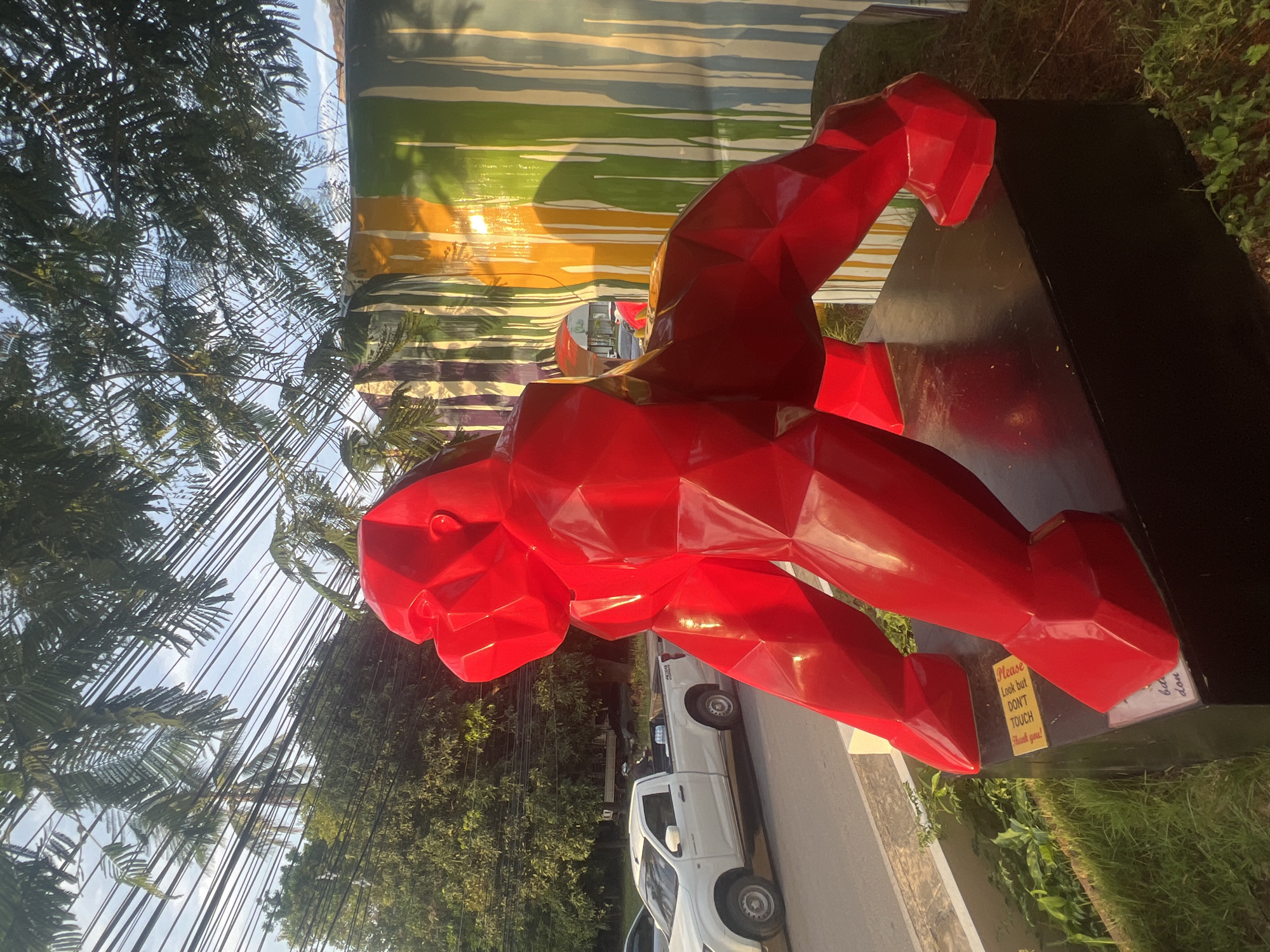 A large, red, geometric sculpture of a gorilla is positioned on a dark pedestal in an outdoor setting. The sculpture is polished and reflects light, giving it a glossy appearance. In the background, a white pickup truck is visible on a paved road, and beyond that, lush green trees and palm fronds are present. Further in the background, a building with a colorful mural featuring vertical stripes of yellow, green, purple, and blue is apparent. Overhead, a network of power lines crisscrosses the sky, with dappled sunlight filtering through the trees. The ground around the sculpture is covered with grass and some greenery. A yellow sign with black text is affixed to the pedestal of the sculpture, partially obscured by the sculpture's leg. The overall scene suggests an urban or semi-urban environment, likely in a tropical location, given the presence of palm trees and dense foliage. The location is specifically Ko Samui District, Thailand.