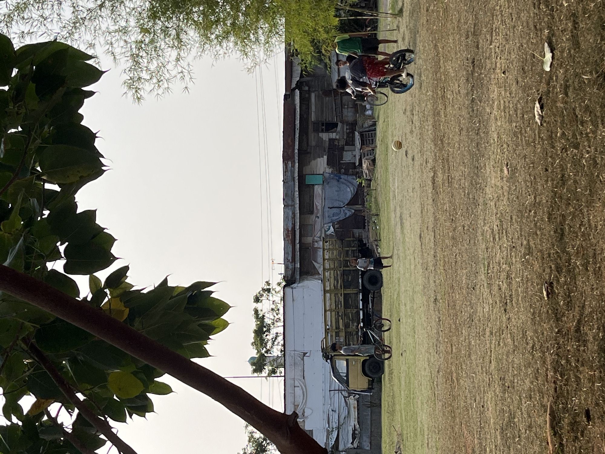 The image depicts a scene in Pekalongan, Indonesia, on a dry, grassy field with a pale sky. In the foreground, a large tree branch with green leaves partially obscures the view. In the middle ground, a group of boys are engaged in activities. Two boys are on bicycles, one is standing near a truck, and another is walking. A soccer ball is visible on the ground near the boys on bicycles. Behind them, a yellow flatbed truck is parked. Further in the background, a long, rustic building with a corrugated metal roof and wooden walls stands, with some white sheeting draped over parts of it. A mosque dome is visible in the distance above the building. The environment appears to be an informal settlement or rural area.