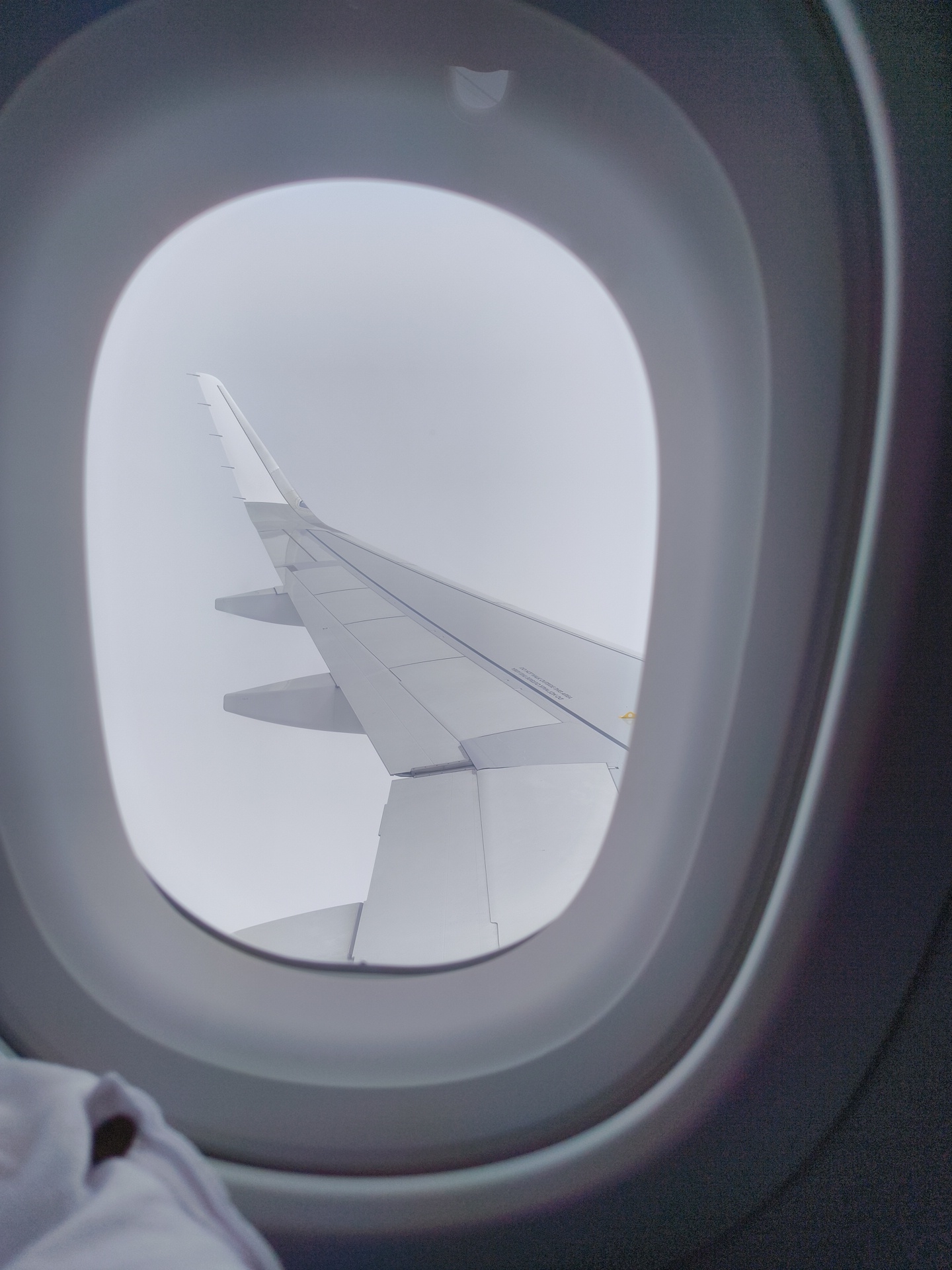 The image shows an airplane wing viewed through an airplane window. The wing is white and extends diagonally across the frame. The sky outside is overcast and gray. The interior of the airplane cabin is visible around the window, with a blurred white fabric in the foreground. The scene is consistent with being in an airplane, but there are no specific details in the image that can be used to determine the location in the city of Vinh Trach, Vietnam.