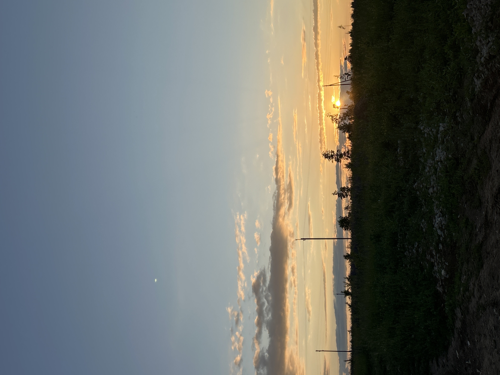 The image depicts a rural landscape at sunset, likely in or near the city of Фоки, Russia. The sky transitions from a pale blue at the top to warm orange and yellow hues near the horizon, illuminated by the setting sun which is partially obscured by clouds and silhouetted trees. Scattered, wispy clouds are tinged with pink and orange. A faint, small circular object, possibly the moon or a distant bright star, is visible in the upper portion of the sky. The middle ground features a line of trees, some appearing as tall, slender silhouettes, and two utility poles with electrical wires stretching across the frame. The foreground is dominated by a field of dark green, dense grass and some scattered rocks on a dirt path. The overall impression is one of natural beauty and tranquility as day transitions into night in a sparsely populated area.