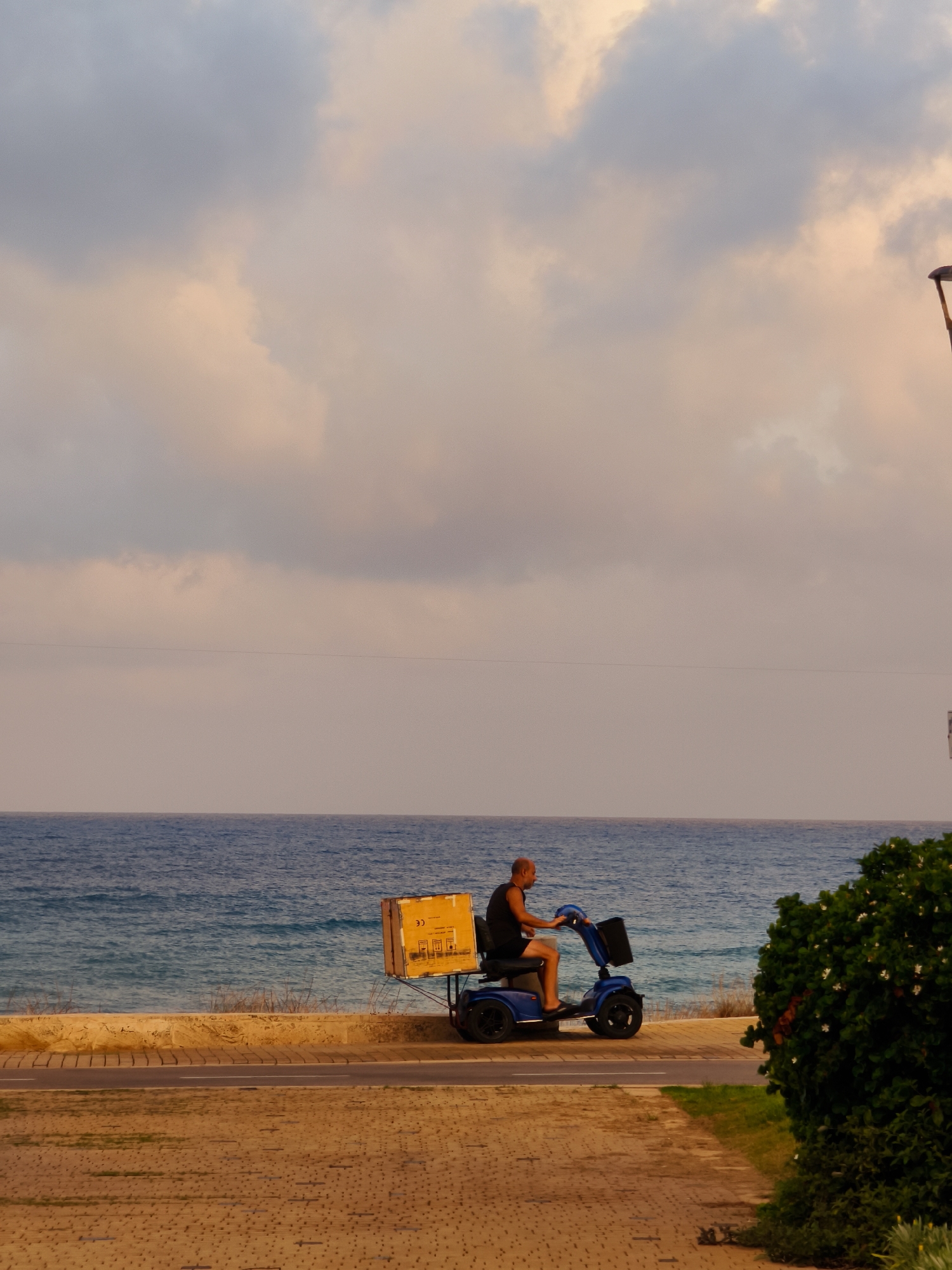 A man rides a blue motorized scooter along a paved path next to a body of water, likely the Mediterranean Sea, in Nahariyya, Israel. The scooter carries a large yellow box on its rear. The man is wearing a black tank top and shorts. The sky is filled with soft, diffused clouds, tinged with pink and orange, suggesting either sunrise or sunset. A patch of green foliage with white flowers is visible on the right side of the frame. The path is bordered by a textured surface with a visible pattern of paving stones.