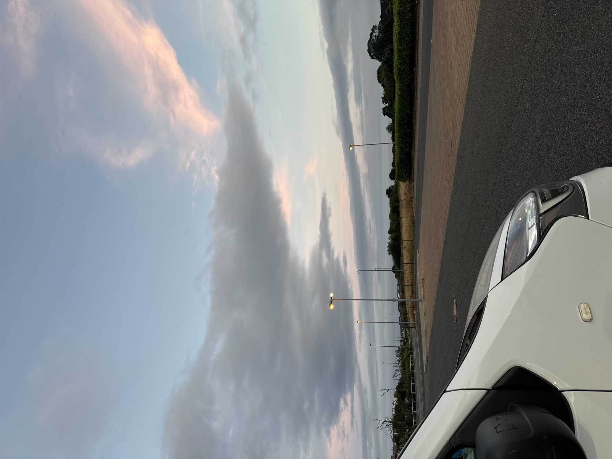 The image depicts a street scene in Tramore, Ireland, at dusk. In the foreground, the front right portion of a white van is visible. The van's headlights and side mirror are prominent. The vehicle is parked on an asphalt road, which leads towards a paved area with a brick-like pattern.
Beyond the paved area, a neatly trimmed green hedge forms a border, separating the parking area from a field of dry, yellow grass. A line of streetlights with glowing bulbs extends into the distance along the road. In the background, there are more streetlights and some low-lying buildings. Trees and foliage are scattered throughout the landscape, with some bare tree branches visible on the left side of the image.
The sky above is a canvas of transitioning light, with shades of pale blue, gray, and soft pink clouds, indicating the approach of night. The overall impression is one of a quiet, suburban or commercial area on the outskirts of the town during the evening.
