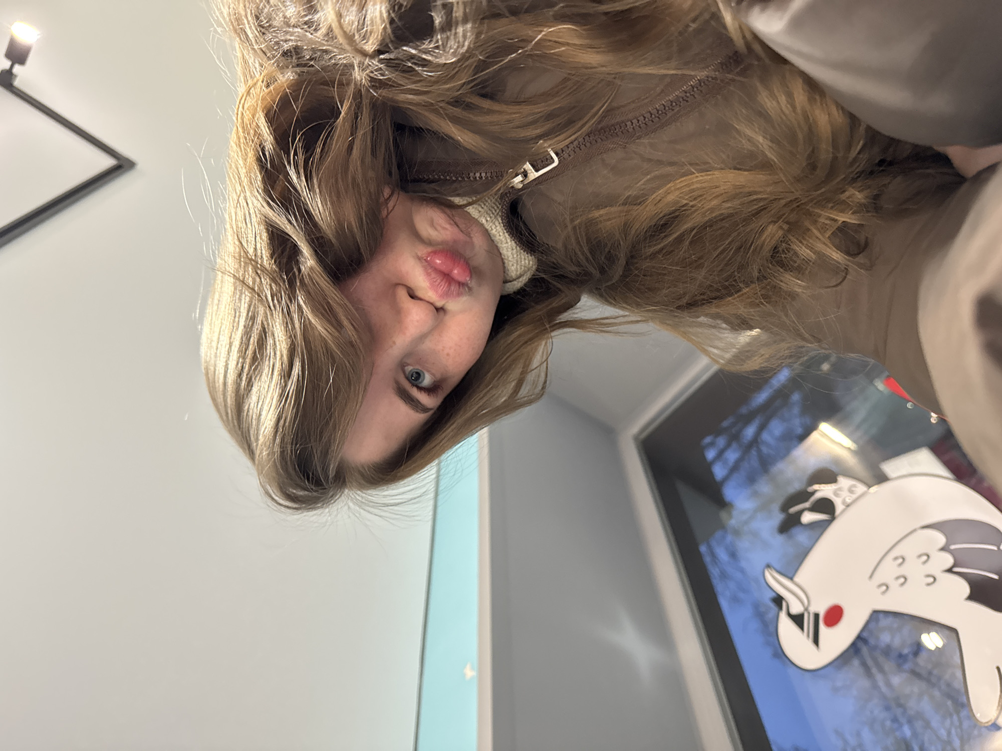 A close-up, low-angle photograph captures a young individual looking directly at the camera. The person, who has light brown or blonde hair, blue eyes, and visible freckles, is making a puckered "kissing" face with their lips. They are wearing a brown, zippered jacket over a light-colored, possibly cream, turtleneck or high-collared shirt.
The background suggests an indoor environment. To the viewer's left (when the image is viewed upright), a plain, light-colored wall features a modern design element: a black, angular frame with a small, bright light emanating from one corner. To the right, a window or glass door reflects the exterior, showing bare tree branches against a blue sky, indicating daytime, possibly in cooler weather. Affixed to or visible through this window is a stylized, white, flat decoration depicting a bird, possibly a crane or similar fowl, with black and grey detailing and a prominent red spot on its head. The overall scene conveys a playful and casual mood. The specified location for this image is Chaikovsky, Russia. No visible text is present in the photograph.