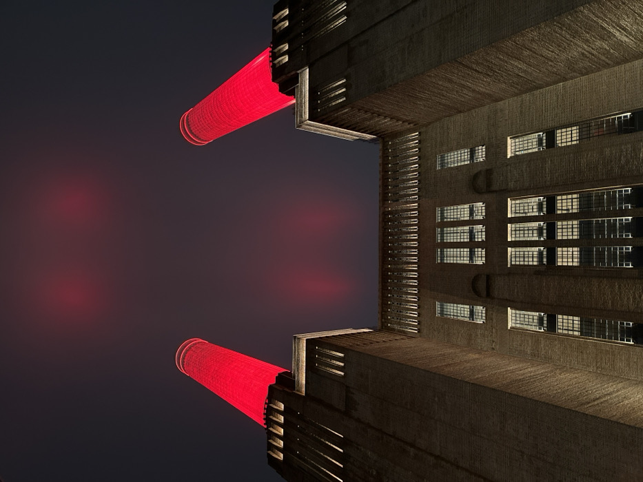 The Tate Modern stands tall, chimneys emitting bright red light against a dusky sky. Its brick facade is illuminated, showcasing rows of windows. The building's structure dominates the frame, seen from an unconventional, low-angle perspective. The chimneys, striking in color, contrast with the building's muted tones. The sky, a gradient of deep blues and faint red hues, provides a backdrop to the architecture.