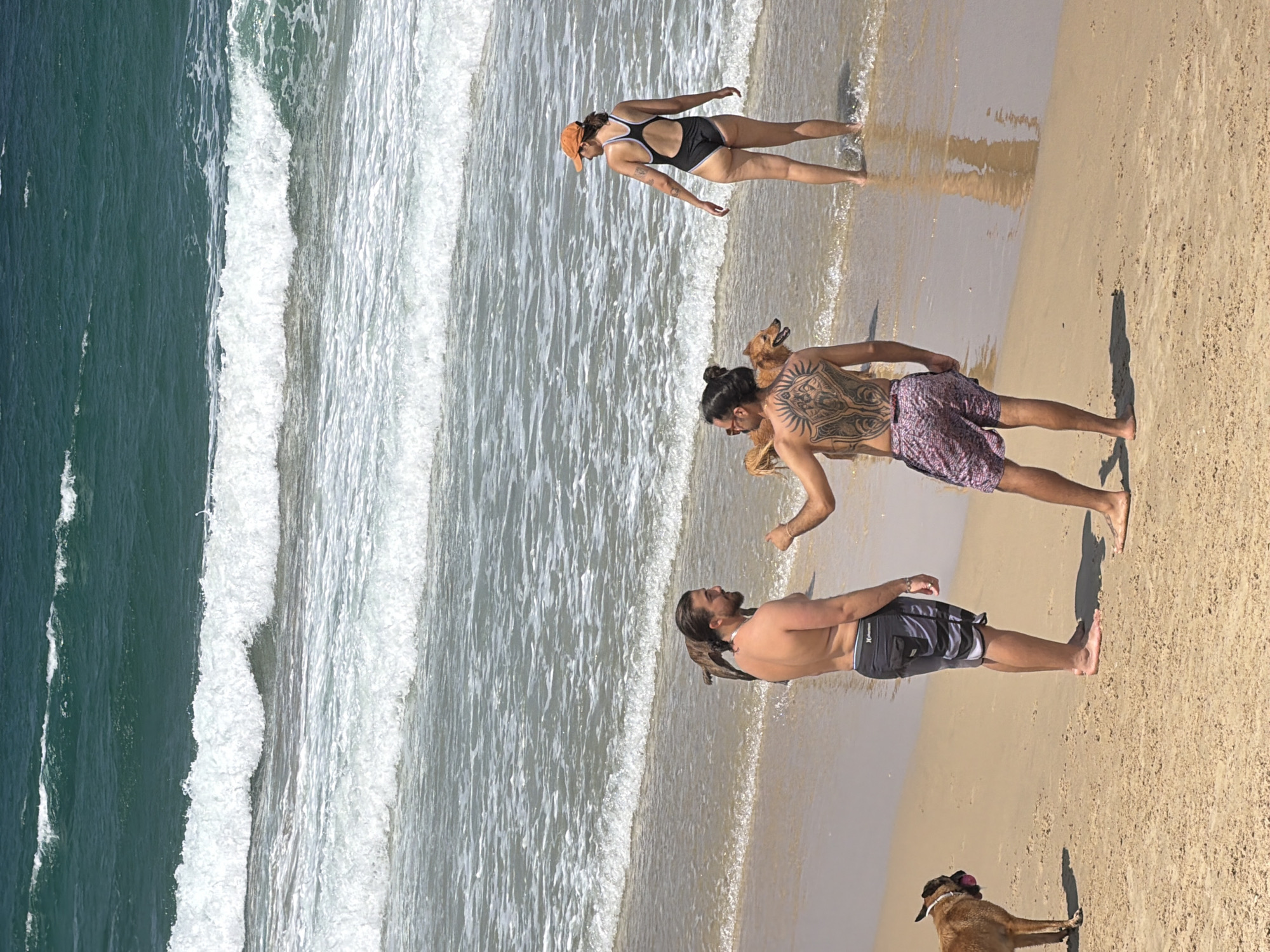 This image depicts a sunny day at a beach in Tel Aviv, Israel. In the foreground, two men and a woman are present. One man, facing away from the camera, has extensive tattoos on his back and is wearing patterned shorts. He is standing with a brown dog that has a pink toy in its mouth. The other man, also facing away from the camera, is wearing black and gray patterned shorts and has long hair tied back. He is interacting with the first man. The woman is wearing a black swimsuit and an orange baseball cap. She is facing the ocean, which has waves breaking on the shore. The sand is light brown, and the water is a deep teal color. Another brown dog is partially visible on the left side of the frame, near the man with the tattooed back. The scene is set along the coastline of Tel Aviv, a popular urban beach destination known for its vibrant atmosphere and proximity to the city.