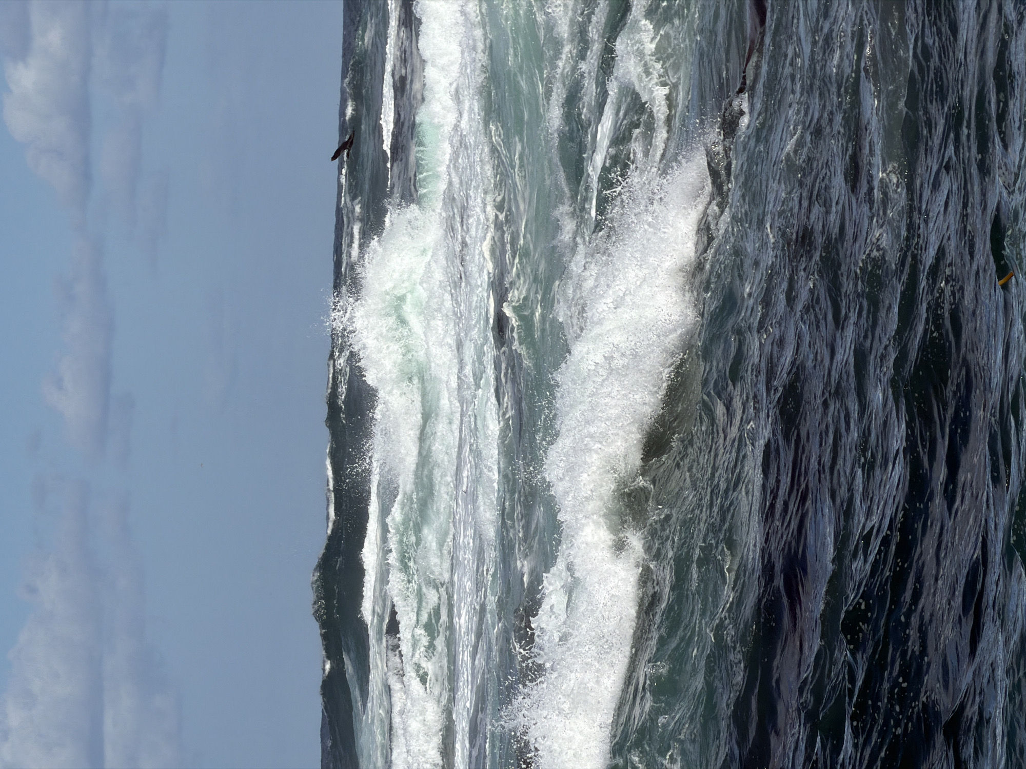 The image, which is oriented vertically, displays a powerful ocean scene where a turbulent body of water meets the sky. On the left side of the frame, a segment of light blue sky with scattered, wispy white clouds is visible. The right and central portions are dominated by intense ocean activity, featuring large, breaking waves.
The water presents a dynamic range of textures and colors, from deep, dark blue-green areas with discernible ripples to frothy, explosive white foam and spray. Multiple wave crests are captured mid-break, creating a sense of powerful movement and chaotic energy. The bright white foam contrasts sharply with the deeper hues of the water.
In the upper-left quadrant, near the interface of the sky and the breaking waves, a dark-feathered bird, likely a cormorant or similar seabird, is seen in flight. It appears to be actively navigating or hunting within the turbulent waters. Another faint, light-colored speck, possibly a distant bird or spray, is visible further into the sky. Within a darker, less agitated section of the water on the far right, a small, elongated yellowish object, possibly kelp or debris, floats on the surface.
The scene captures a daytime setting, indicated by the bright, natural light illuminating the sky and the water, though the light might be slightly diffused. The overall impression is one of raw natural power and the wildness of the sea. This vivid portrayal of crashing waves and a seabird navigating the rough conditions is set in Hout Bay, South Africa. There is no visible text in the media file.