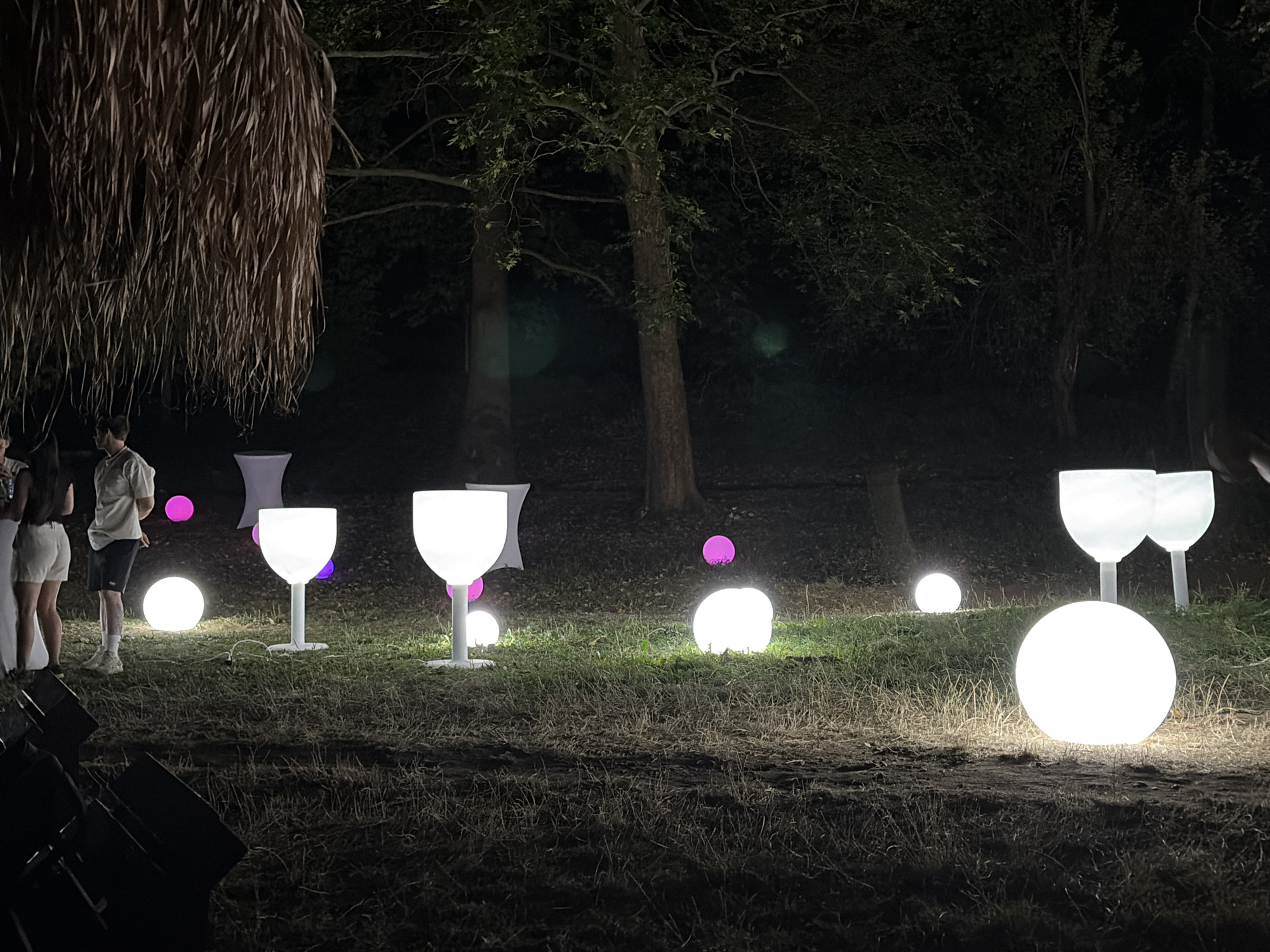 This image depicts an outdoor evening event, possibly a party or gathering, in Zgorigrad, Bulgaria. The scene is illuminated by various spherical and chalice-shaped lights, creating a festive atmosphere. In the foreground, a large, brightly lit sphere rests on the grassy ground. To its right, two white chalice-shaped lights stand on white pedestals. Further into the scene, a smaller spherical light is visible, accompanied by pink and purple orbs, possibly decorative lights. In the background, several trees create a natural backdrop, and part of a thatched roof structure is visible on the left. Two individuals, dressed casually in shorts and tops, are standing near the thatched structure, facing away from the camera. Their presence suggests they are attendees of the event. The ground is covered in dry grass and dirt, indicative of an outdoor setting. The lighting creates a dramatic contrast between illuminated areas and the dark night sky.