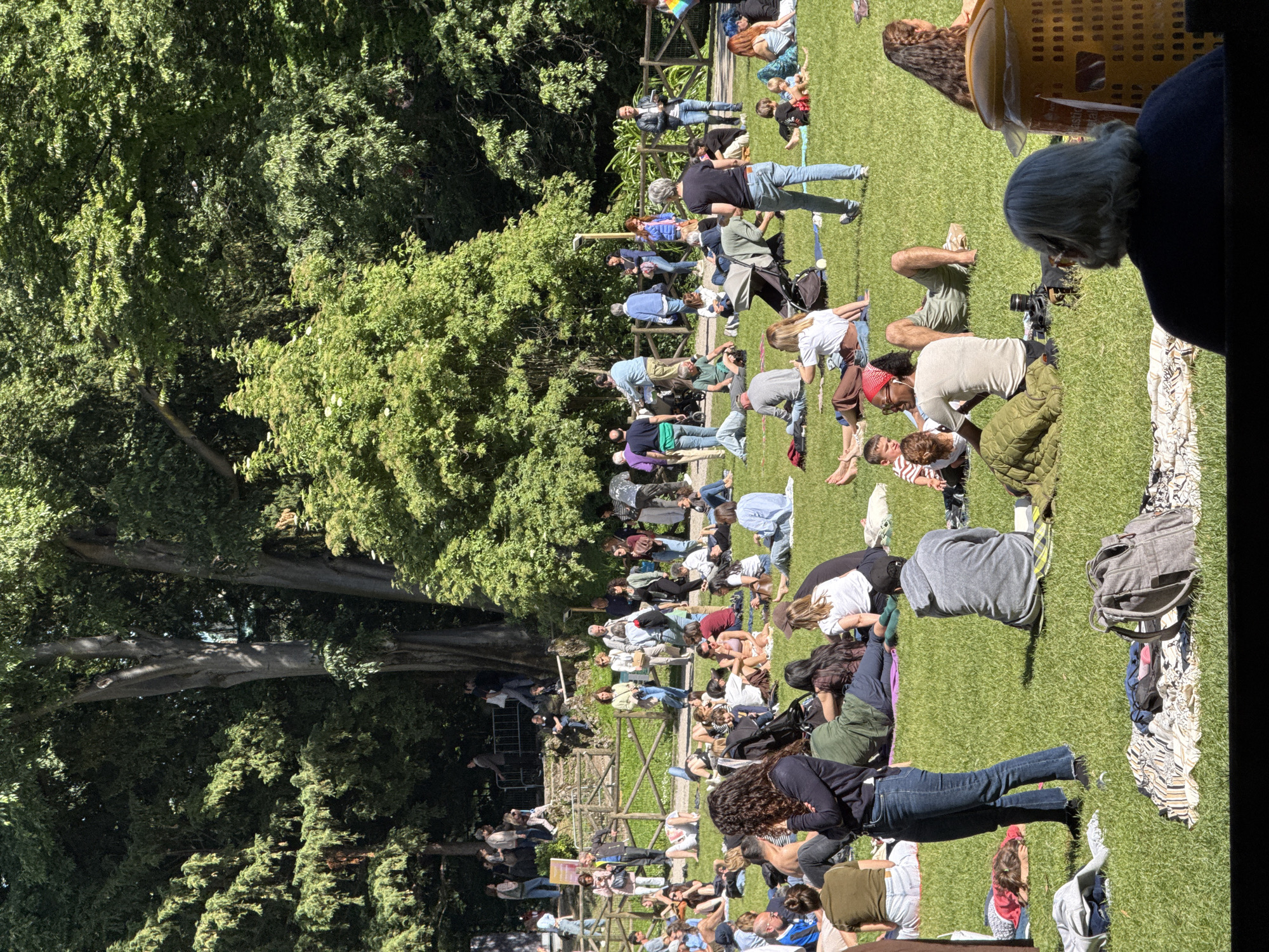 The image shows a gathering of people on a grassy area, likely a park. It appears to be a sunny day, with shadows indicating the position of the sun. A large tree occupies a portion of the left side of the frame. A diverse group of people is present, some sitting or lying on the grass, others standing. They are engaged in various activities, some interacting with each other, others appearing to be observing something. A wooden fence is visible in the midground. The location is identified as Milan, Italy, although no specific landmarks are discernible within the image. The arrangement and activities suggest a planned event or group activity.
