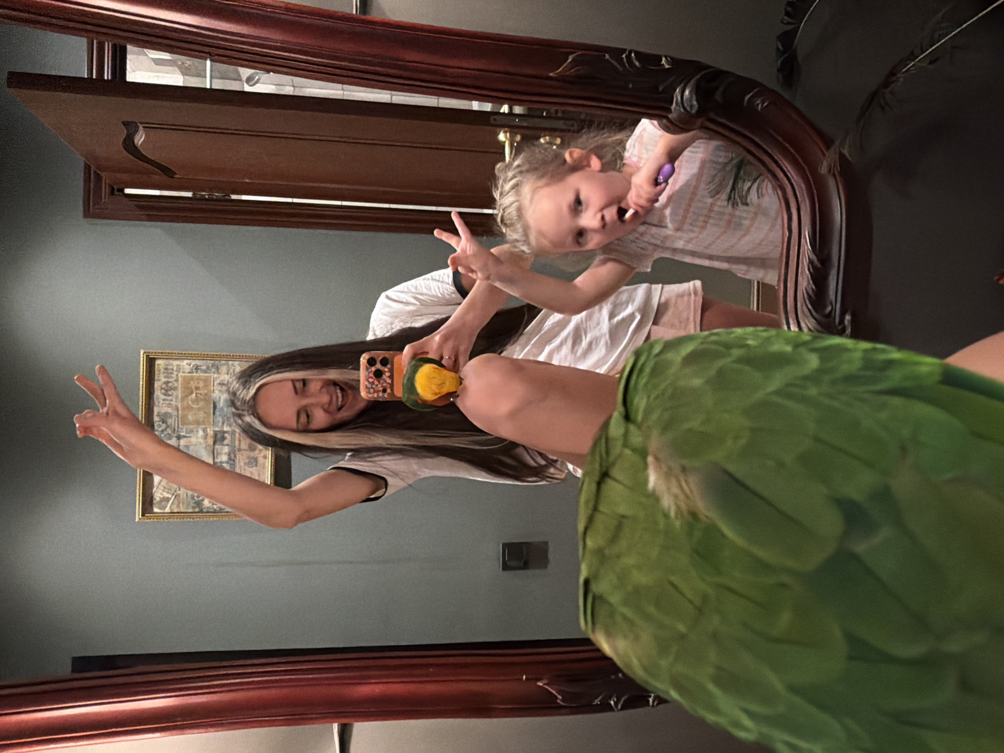 A mirror reflects a young child holding a toothbrush, a young adult woman holding a smartphone, and a bright green parrot. The woman is holding up two fingers in a peace sign gesture. The child is also holding up two fingers. A dark brown wood door frame is visible above the reflection, and a light gray-blue wall is visible in the background. A framed picture hangs on the wall. The location is Unknown, Unknown.