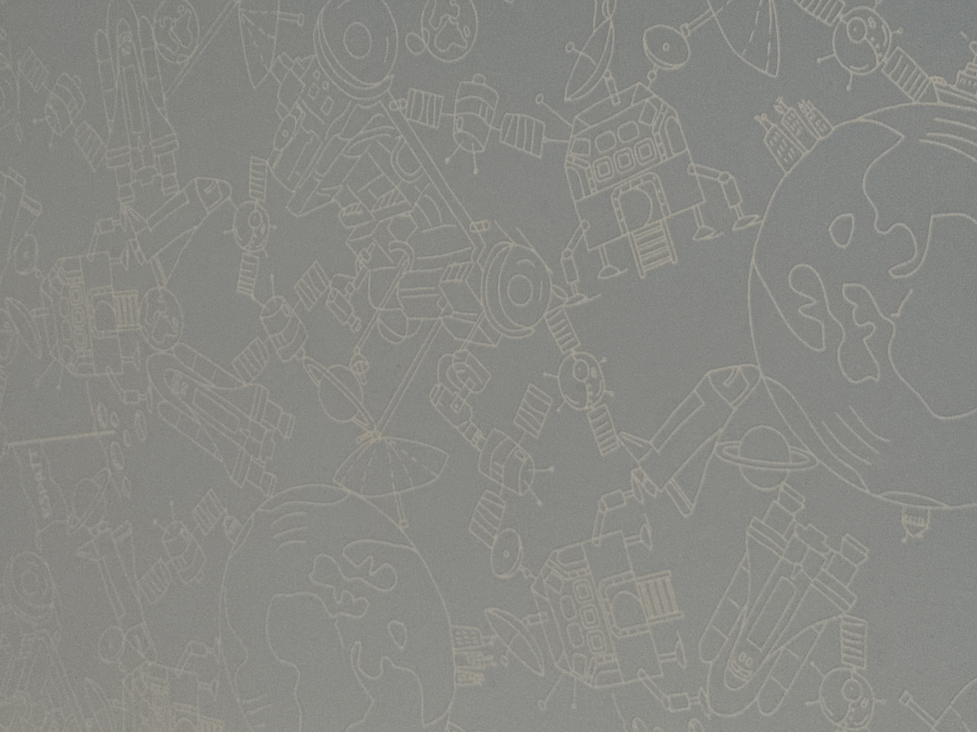 The image is a close-up, overhead view of a light gray textured surface with a repeating pattern of white line drawings of spacecraft, satellites, planets, and celestial bodies. The style is simplistic and illustrative, resembling a children's book or wallpaper design. The drawings are not detailed but are clearly identifiable as space-themed elements. There are no people, animals, or specific landmarks visible. The overall impression is one of a busy, playful depiction of outer space. The location is Unknown, Unknown.