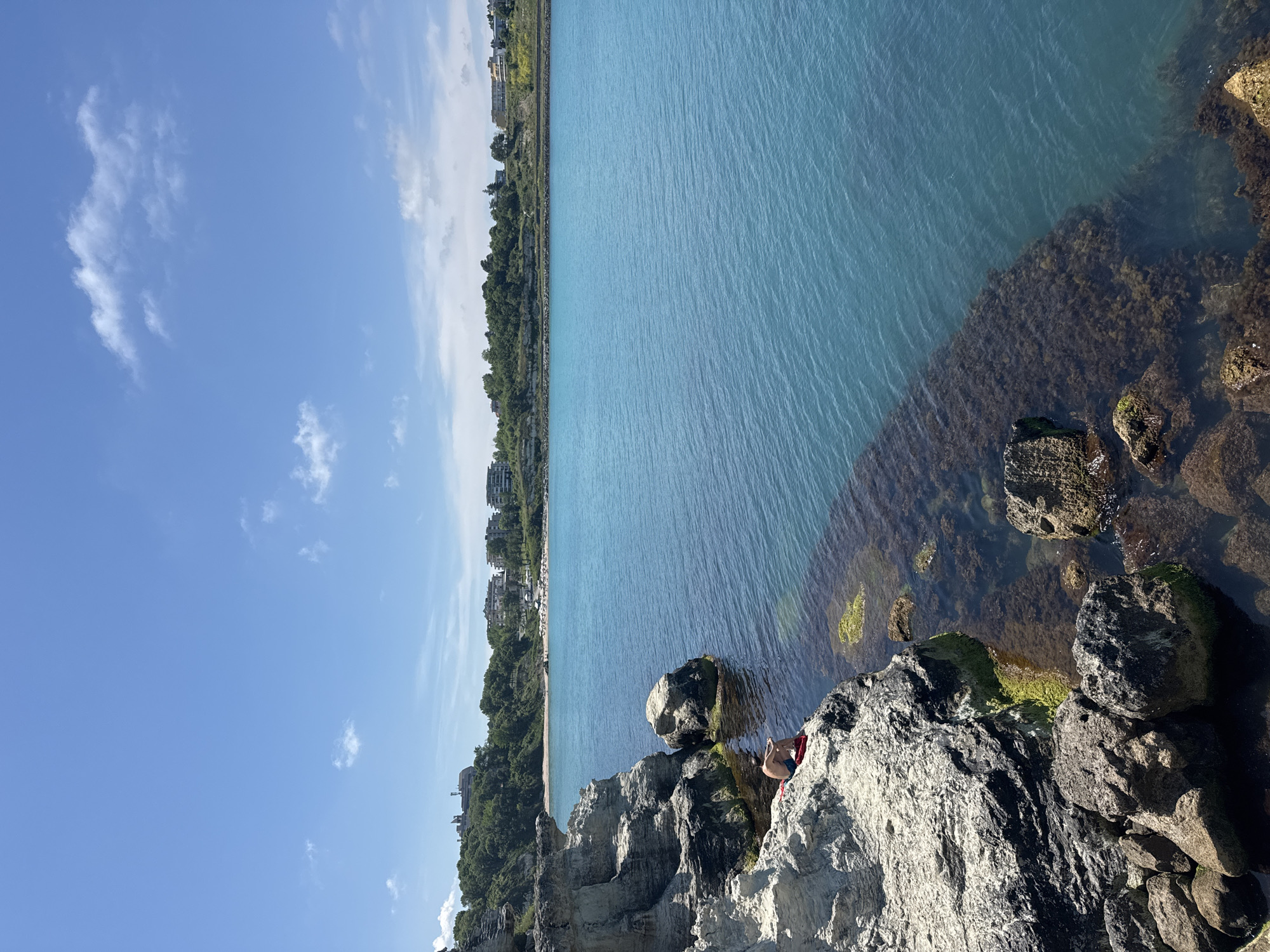 An eye-level, medium shot captures a serene coastal view in Tsarevo, Bulgaria, under a bright, blue sky dotted with sparse white clouds. The foreground is dominated by rugged, grey, and dark rock formations, some of which are partially submerged in the clear, turquoise water. Green moss and algae cling to the rocks, especially where they meet the water's edge.
Seated on the edge of a prominent rock in the mid-left of the frame is a lone individual wearing red shorts. The person is facing away from the camera, gazing out at the expansive sea. The water itself is a vibrant blue, with visible ripples indicating a gentle movement. In the background, a sandy beach stretches along the coastline, lined with lush green trees and several buildings, suggesting a populated area or resort. The overall scene evokes a sense of tranquility and natural beauty.