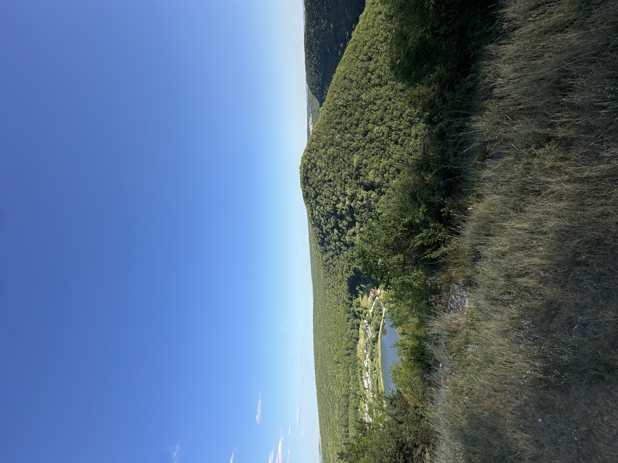 A panoramic, high-angle landscape photo captures the lush, green rolling hills and a serene lake with a small village nestled beside it. The scene is bathed in bright, natural light under a clear, vivid blue sky with a few wispy white clouds. The foreground is dominated by dry, tall grass and a few scattered plants, suggesting a vantage point from a hilltop.
Dominating the midground are the verdant, tree-covered slopes of the hills, their textures varying from dense foliage to more sparse areas. A calm, reflective lake occupies the lower-left midground, its surface mirroring the blue of the sky. Along the lake's edge, a small village with houses is visible, characterized by red-tiled roofs and white walls. Roads meander through the village and connect it to the surrounding landscape.
In the background, more rolling hills extend into the distance, shrouded in a green carpet of trees, and a hazy horizon suggests a vast, open landscape. The location is identified as Pryvorottia Druhe, Ukraine, a rural area known for its natural beauty. There are no people or animals visible in the frame, and no specific actions or interactions are depicted. The overall impression is one of tranquility and natural splendor.