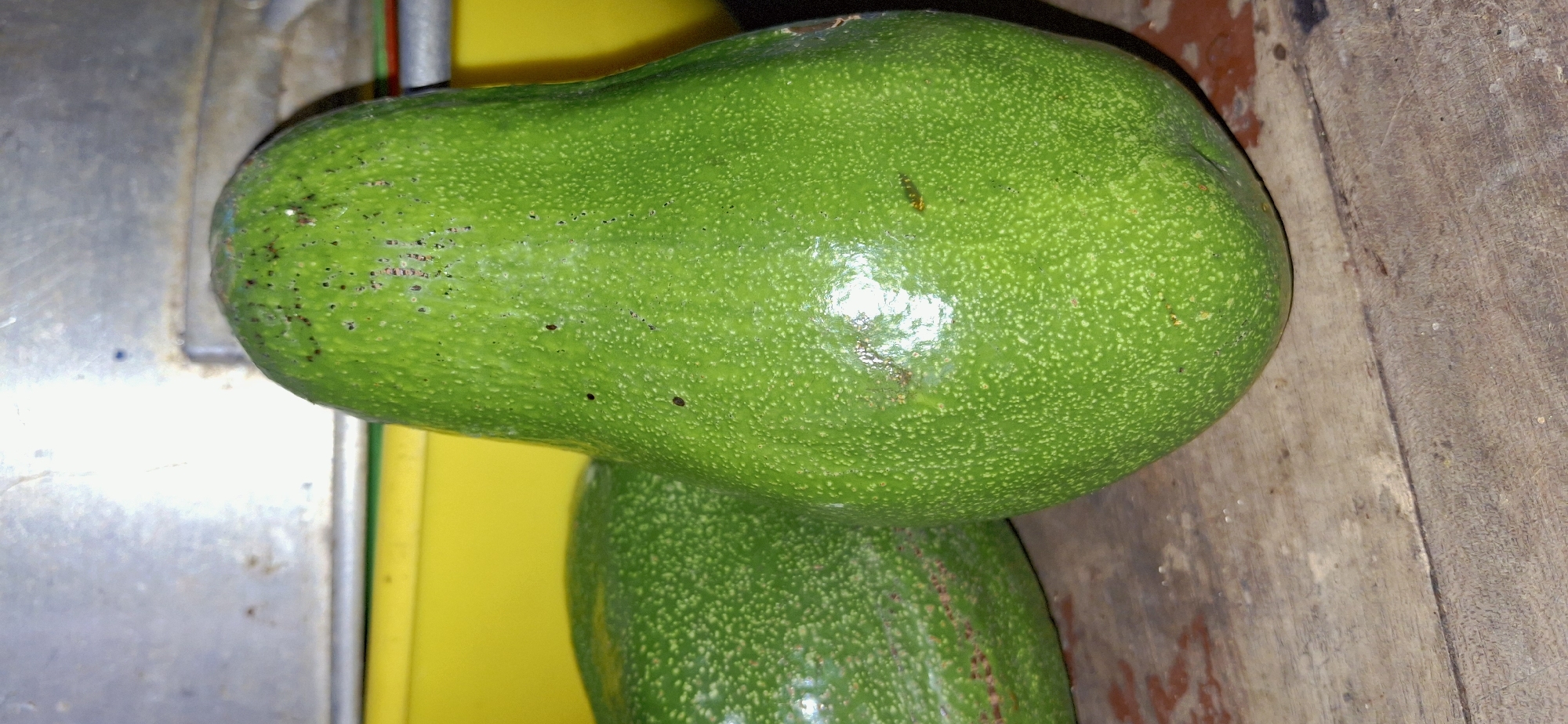Two green avocados are placed on a wooden surface. The avocado in the foreground is larger and positioned to the right of the frame, with its skin showing small speckles and some darker blemishes. A second, slightly smaller avocado is visible to the left, also with a speckled green skin. In the background, a yellow surface is visible, and above that, a metallic, possibly stainless steel, surface with reflections. The overall scene suggests an indoor setting, possibly a kitchen or market stall. The image lacks any indication of location within Vallecito, Venezuela, or any human presence or activity.