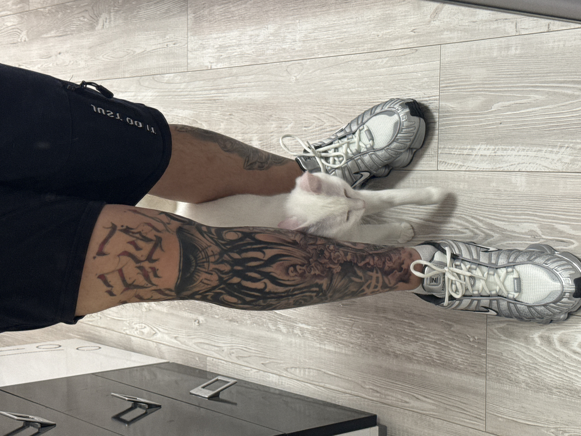 A person is seen from a top-down perspective lying on a light wood-grain floor, wearing black shorts and white running shoes. Tattoos are visible on both legs. A white cat is lying on the person's legs. A black dresser or cabinet is partially visible in the lower-left corner. The location in Burgas, Bulgaria is not verifiable from the image.