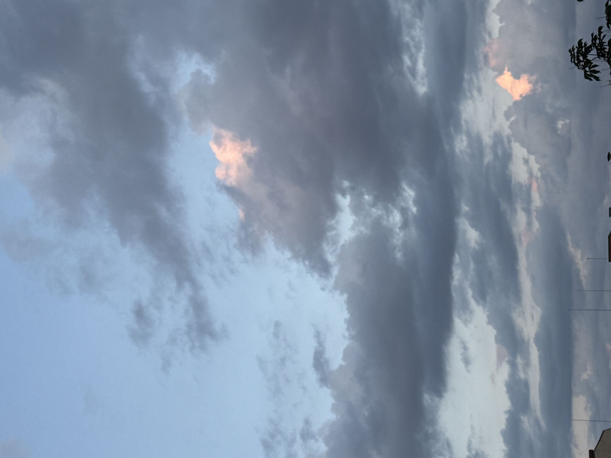 The image depicts an overcast sky scene over the city of Sofia, Bulgaria, characteristic of either dawn or dusk. The upper sky is a pale, diffused blue, gradually transitioning to denser cloud formations across the middle and lower portions of the frame. The dominant clouds are various shades of dark grey and bluish-grey, appearing thick and layered. Patches of these clouds, notably in the upper-right and lower-right quadrants, are illuminated by a soft, warm pinkish-orange light, indicating direct sunlight from a low angle. At the bottom-left edge, a corner of a light-colored architectural structure, possibly a building or rooftop, is partially visible. In the lower-center, multiple thin, vertical structures, consistent with antennas or lightning rods, emerge from below the frame. The bottom-right corner shows dark green foliage from a tree or large plant. No people or specific activities are discernible.