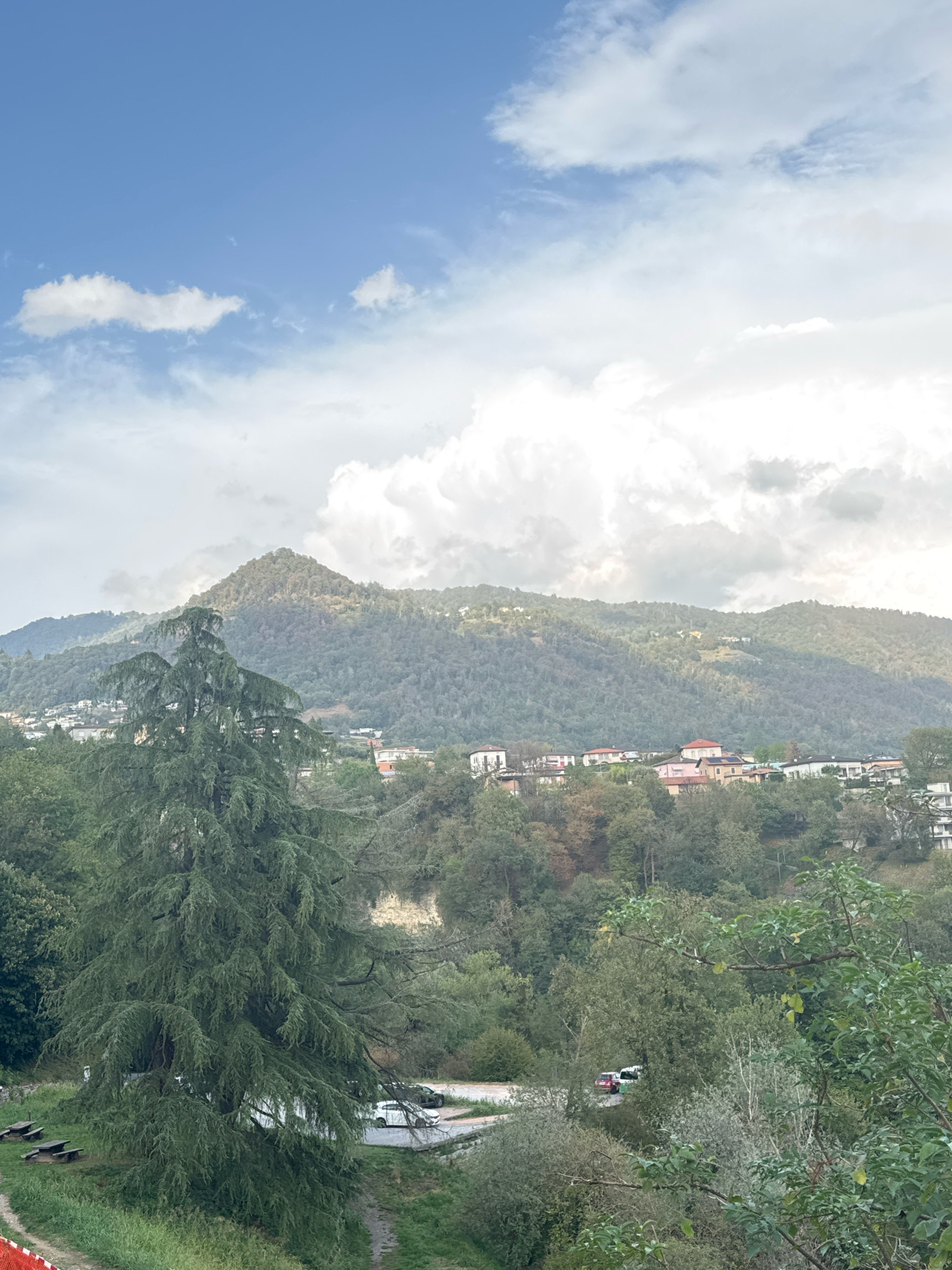 The image captures a panoramic view of a hillside town nestled against a verdant mountain range under a partly cloudy sky. In the foreground, a large, mature evergreen tree with drooping branches dominates the left side of the frame. Beyond the tree, a village with red-roofed houses is visible, interspersed with lush green foliage and trees. The mountain slopes behind the village are densely covered with trees, creating a rich, textured backdrop. The sky above is a mix of blue patches and voluminous white clouds, with sunlight filtering through in places, casting a soft light on the landscape. The lower portion of the image shows a grassy area with picnic tables and a dirt path. A few parked cars are also visible on a road in the mid-ground. The overall impression is one of a serene, natural setting with a human settlement integrated into the environment.