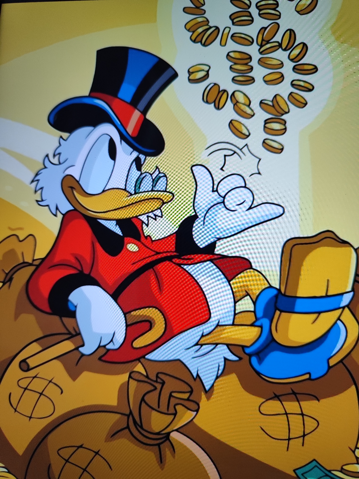 The image shows a cartoon character, likely Scrooge McDuck, sitting on piles of gold coins and money bags. He is wearing a red coat, a blue and red top hat, and has a contented expression. Coins are scattered above him, and he is holding a cane or a scepter. Money bags with dollar signs are visible beneath him. The background is a gradient of yellow and white, suggesting a bright, possibly sunny environment. This image is a digital illustration and has no relation to the city of Fergana, Uzbekistan.