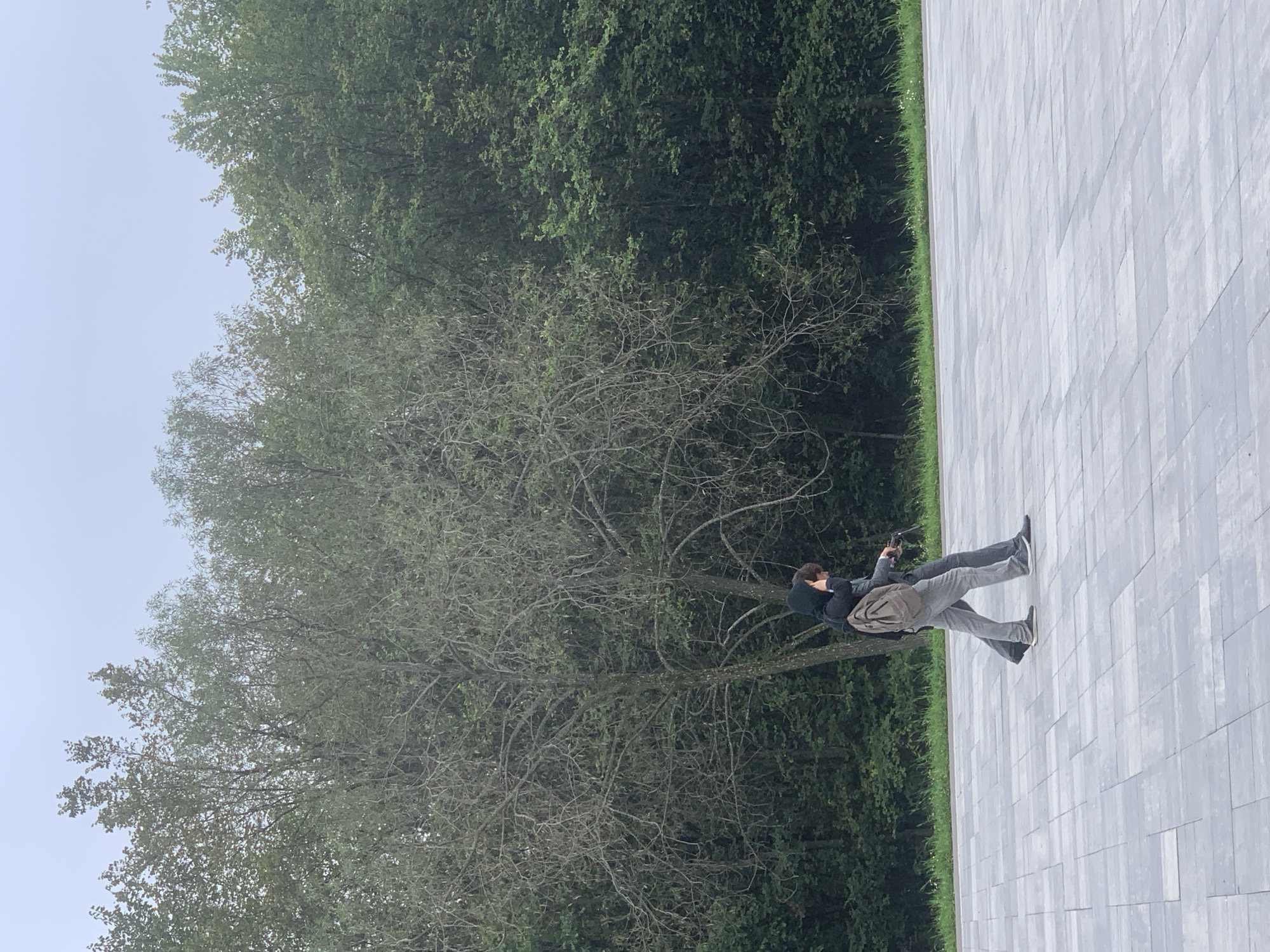 Two young males are walking on a paved plaza. The person on the left is wearing a black hooded jacket and grey pants. The person on the right is wearing a grey shirt and grey pants, with a beige backpack slung over their left shoulder. They appear to be walking side-by-side and are looking in the same direction. Behind the individuals is a line of trees, some with bare branches and others with green foliage. The sky is overcast. The paved plaza is made of large, rectangular grey tiles. The scene appears to be outdoors, possibly in a park or public square.